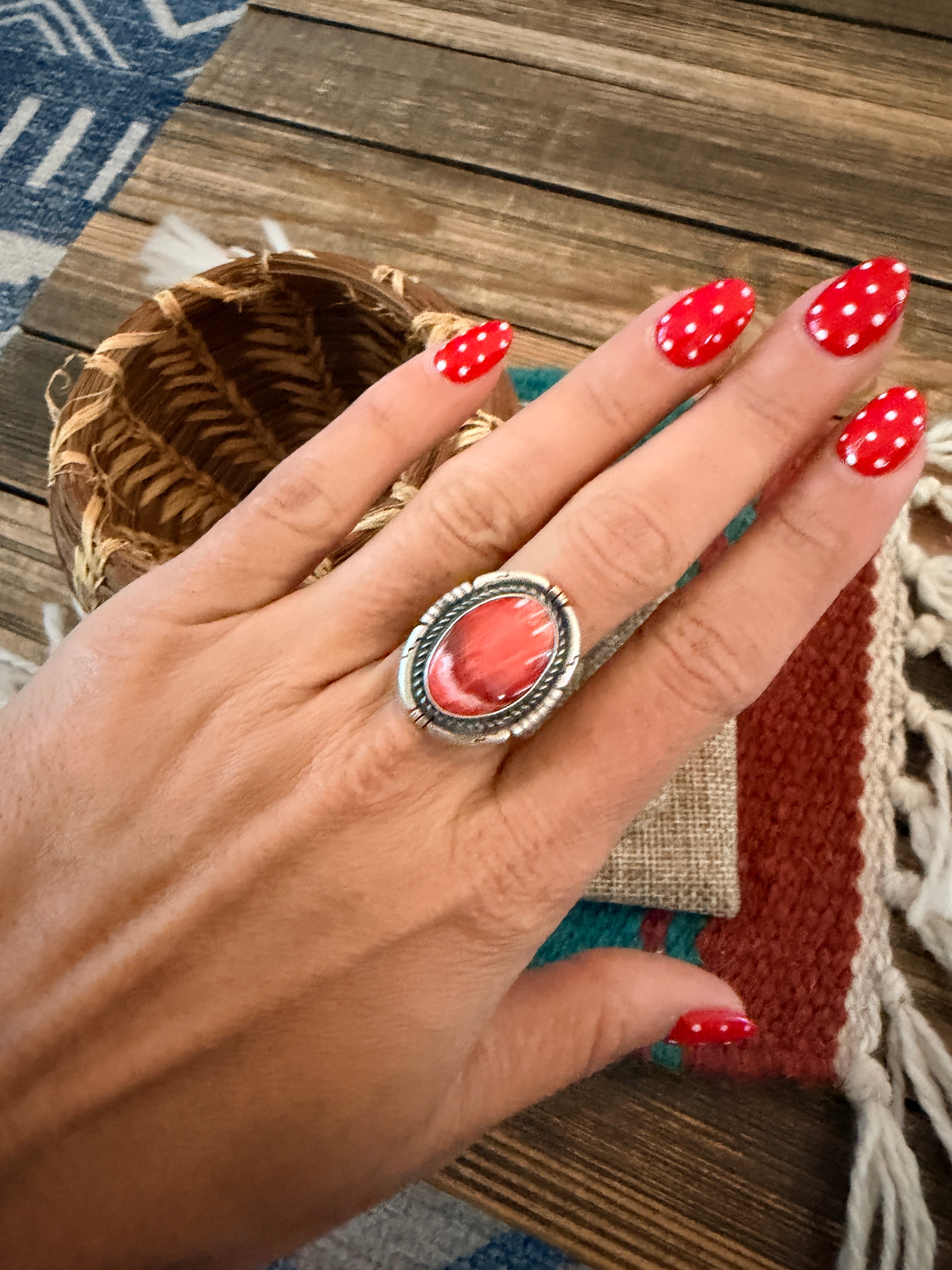 Handcrafted Red Spiny Oyster & Sterling Silver Ring Size 7.5