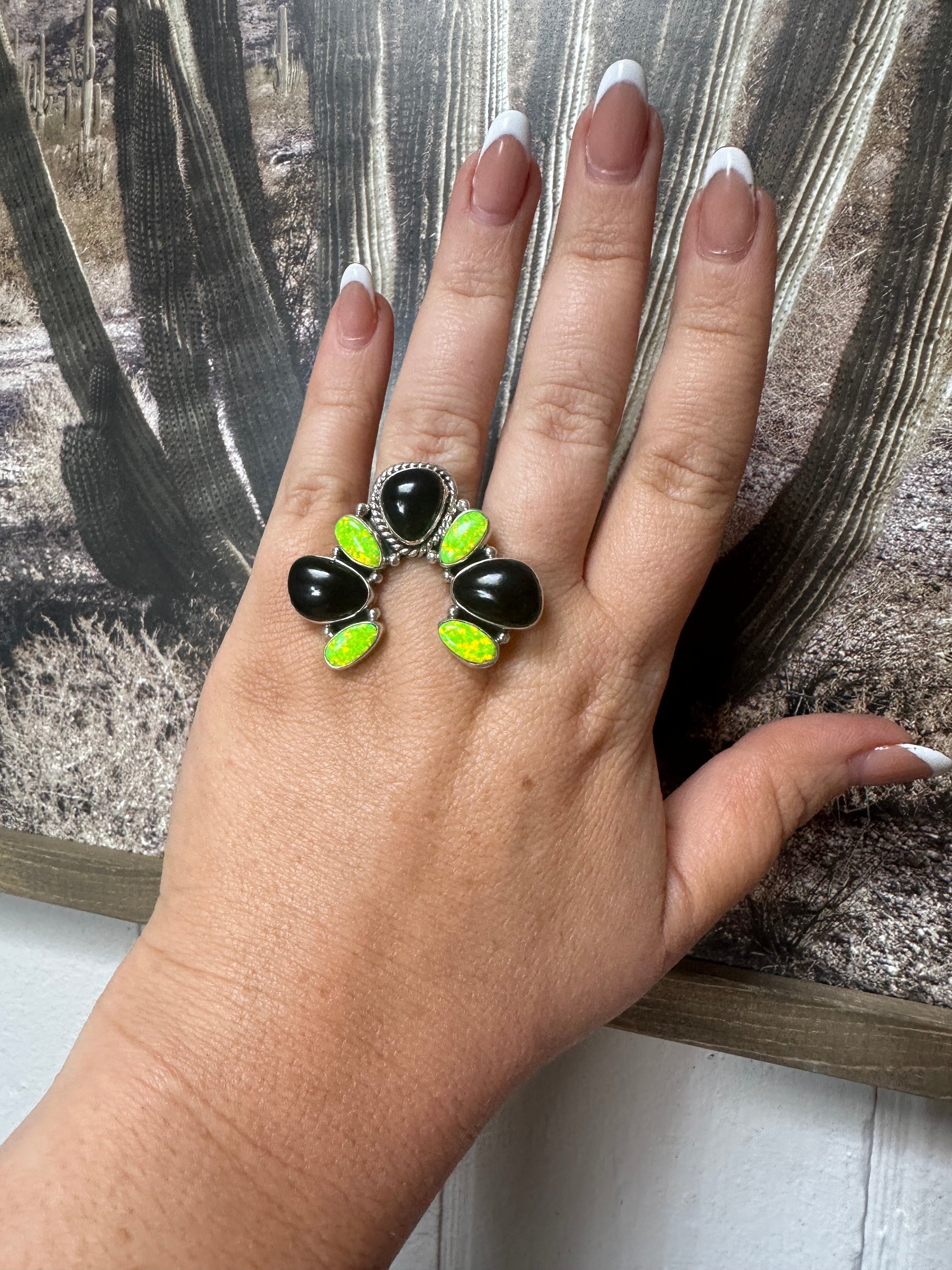 Handmade Fire Opal, Onyx & Sterling Silver Adjustable Ring