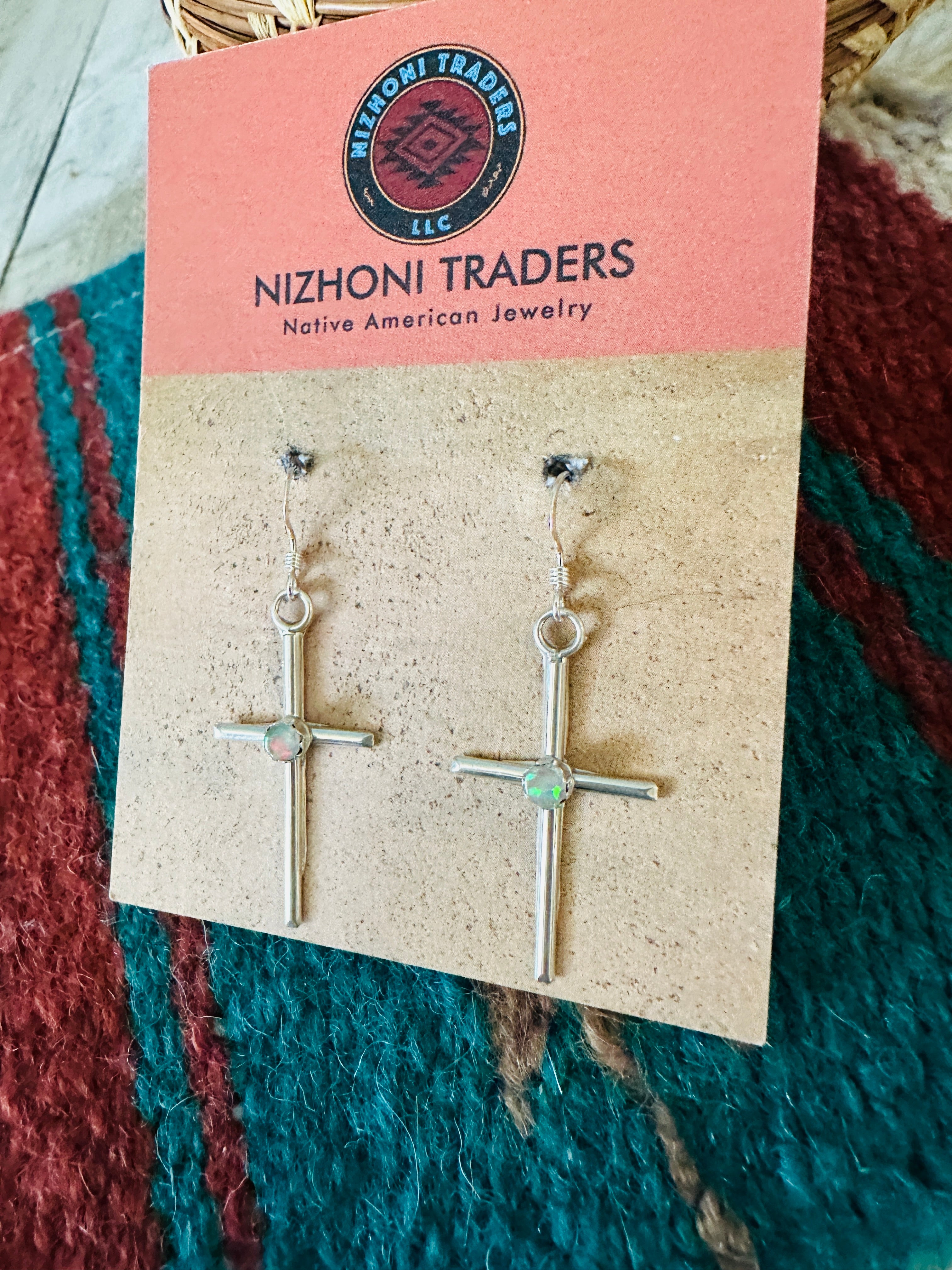 Navajo Sterling Silver & White Opal Cross Dangle Earrings