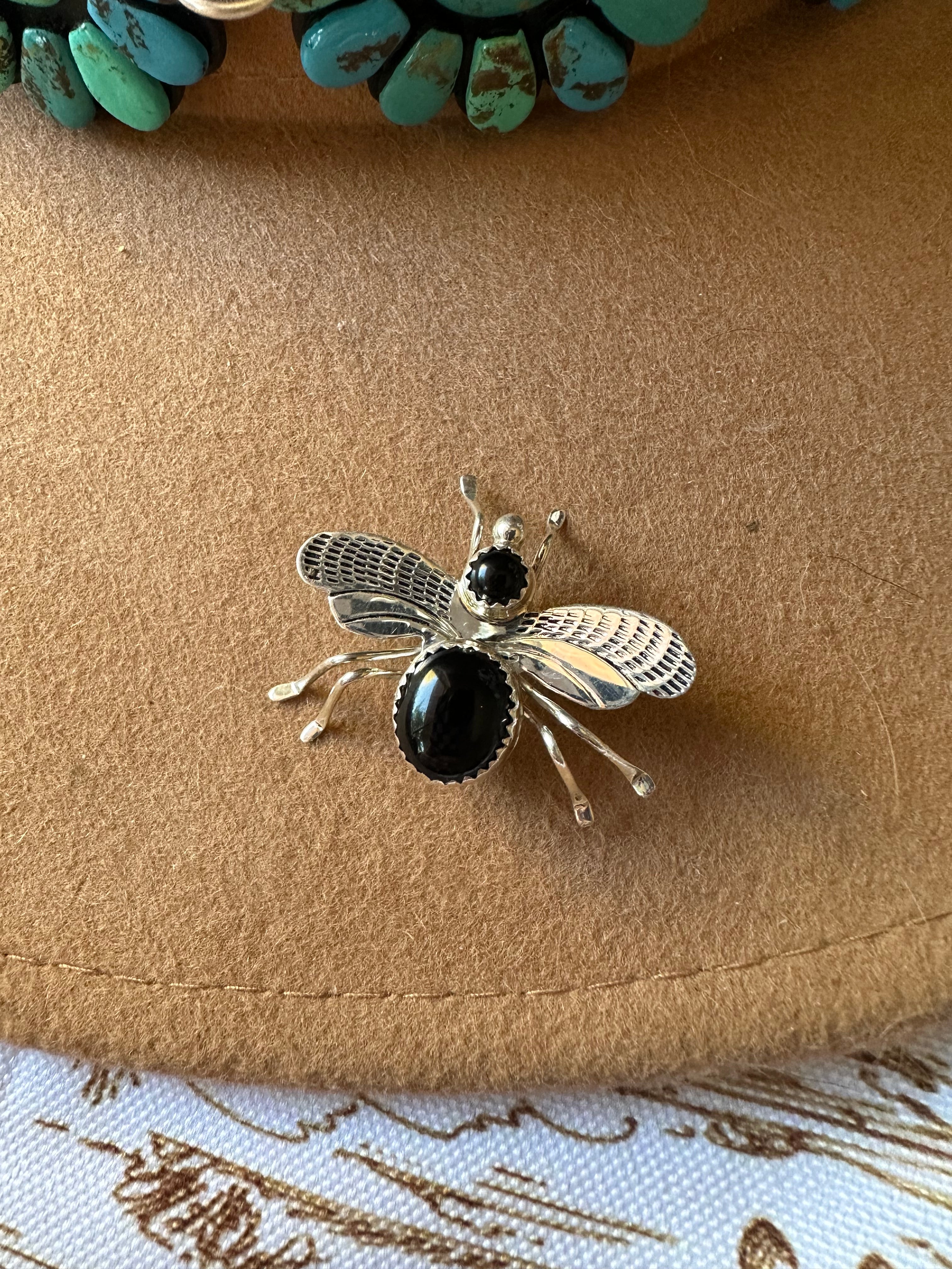 Navajo Sterling Silver & Onyx Bug Pin Signed