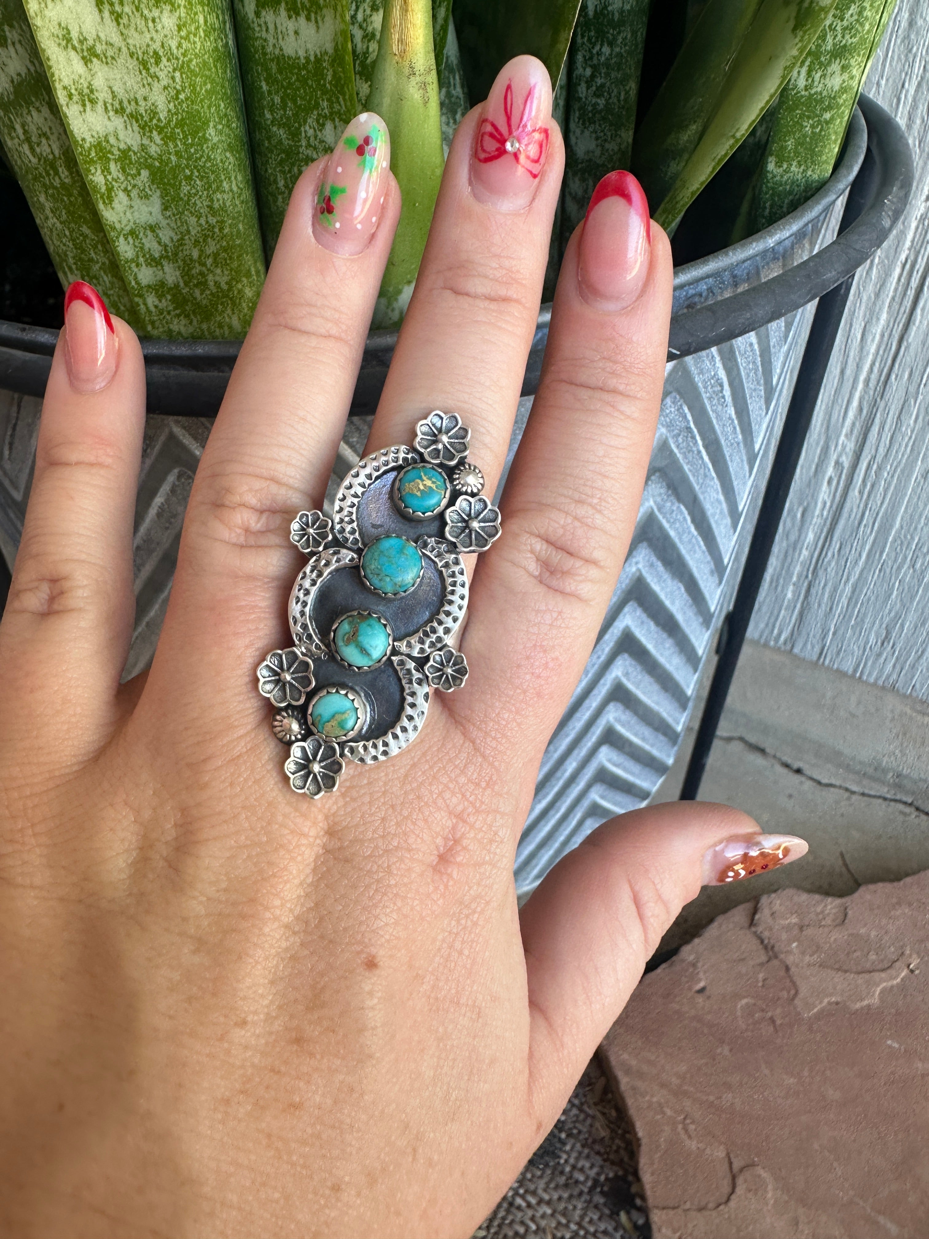 Beautiful Handmade Turquoise And Sterling Silver Adjustable 4 Stone Ring