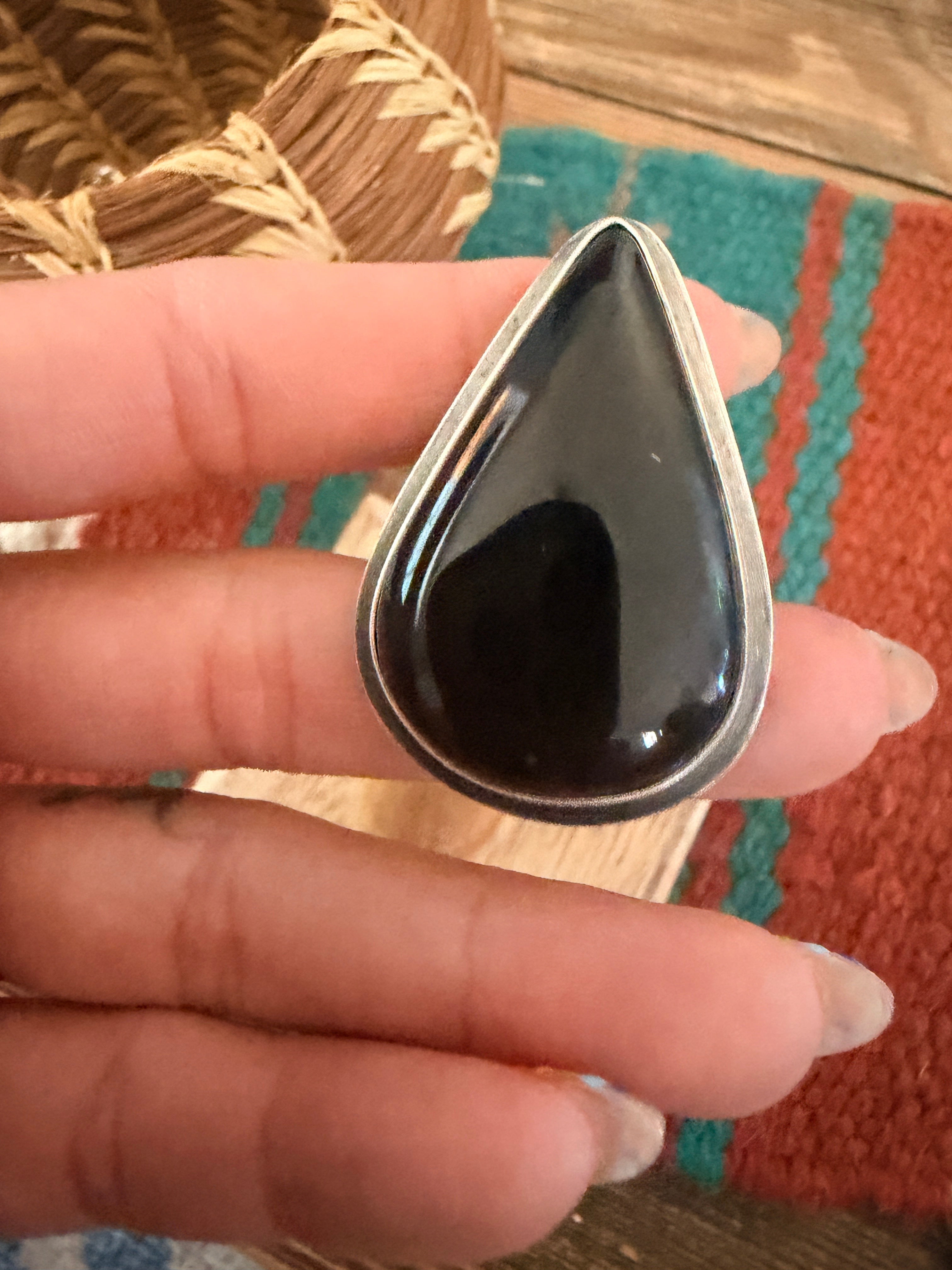 Handcrafted Black Onyx & Sterling Silver Ring Size 8.75