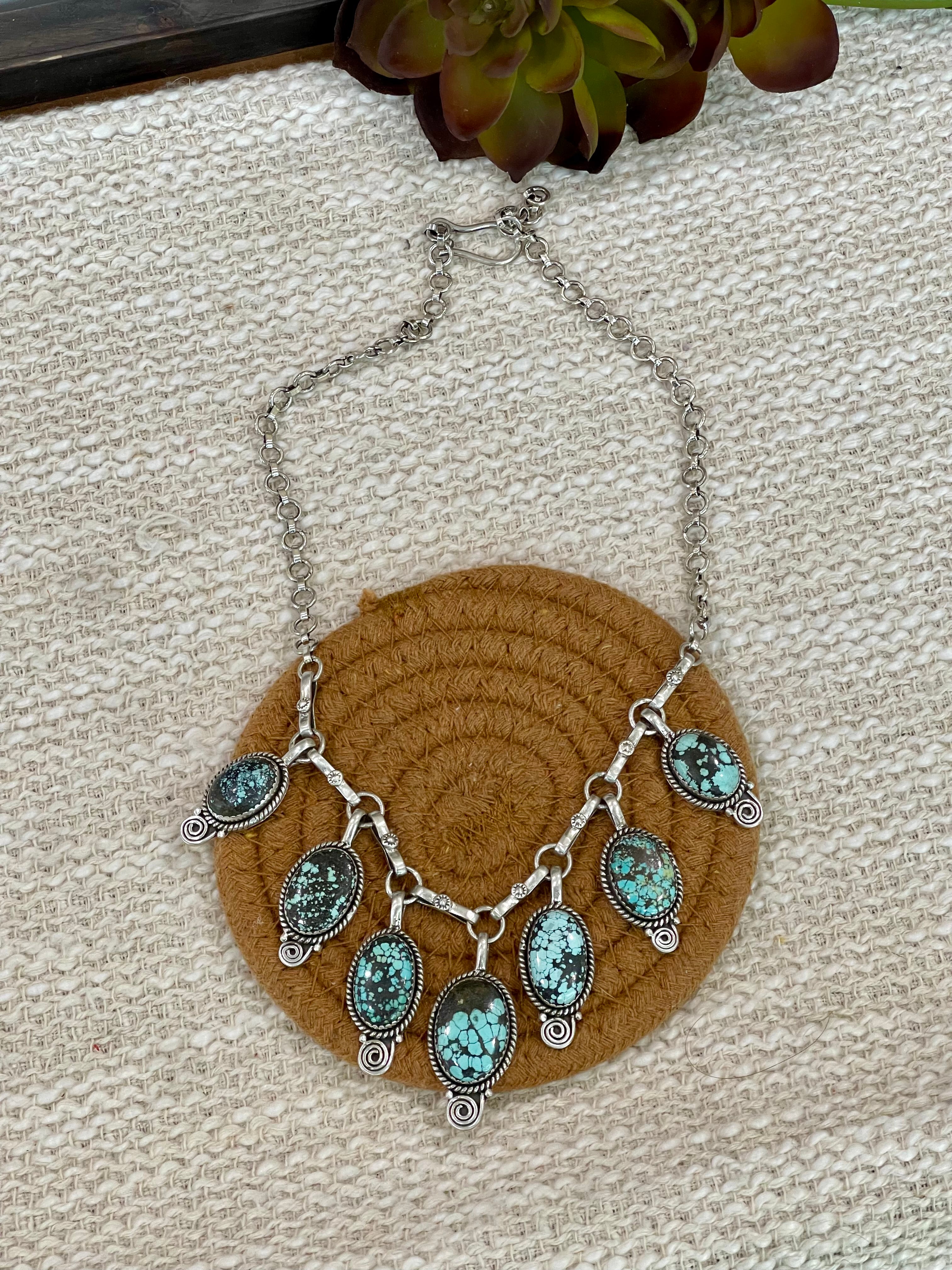 Handmade Sterling Silver Number 8 Turquoise Necklace with Signed Nizhoni