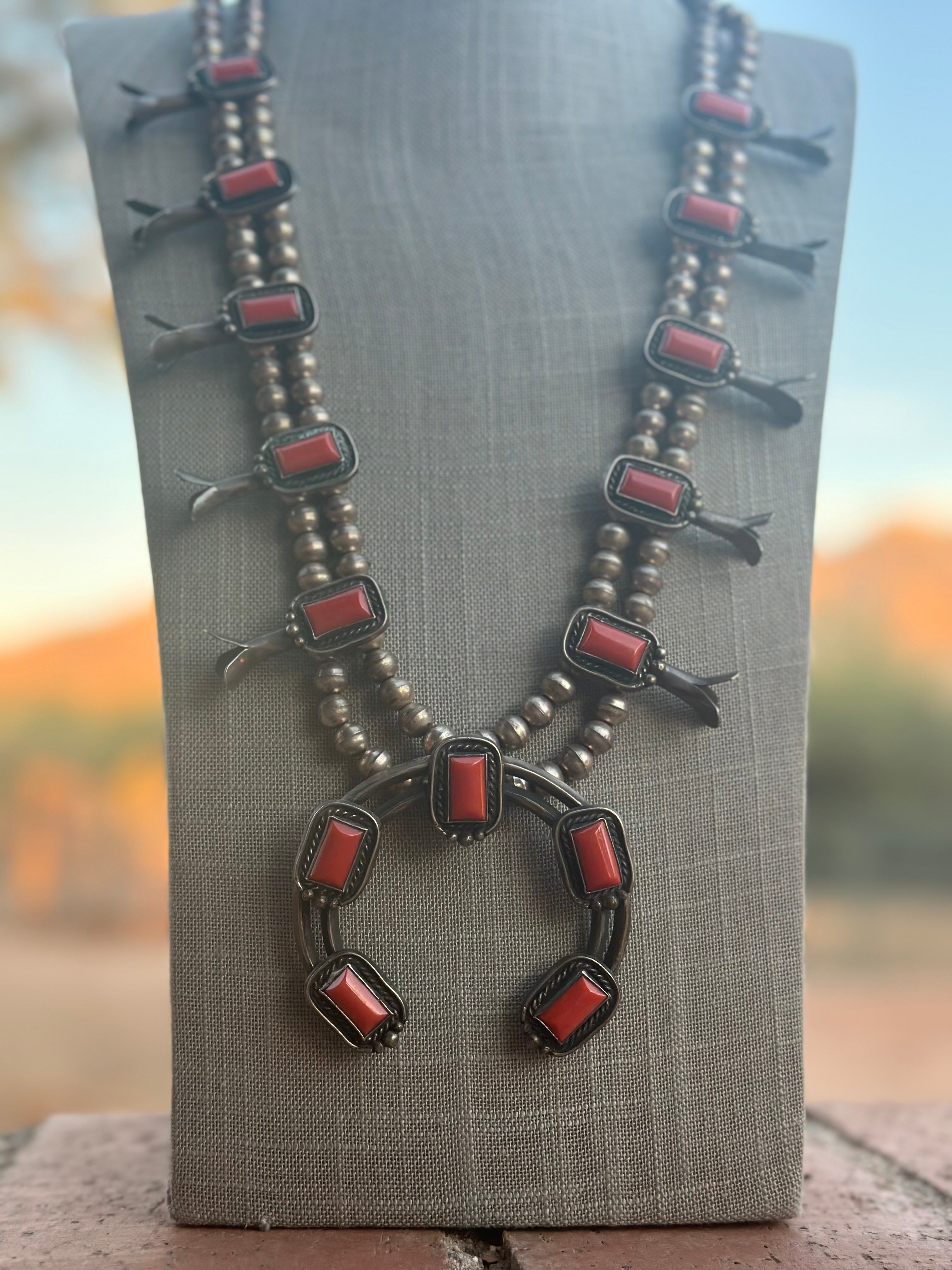Vintage Handcrafted Coral & Sterling Silver Squash Blossom Necklace