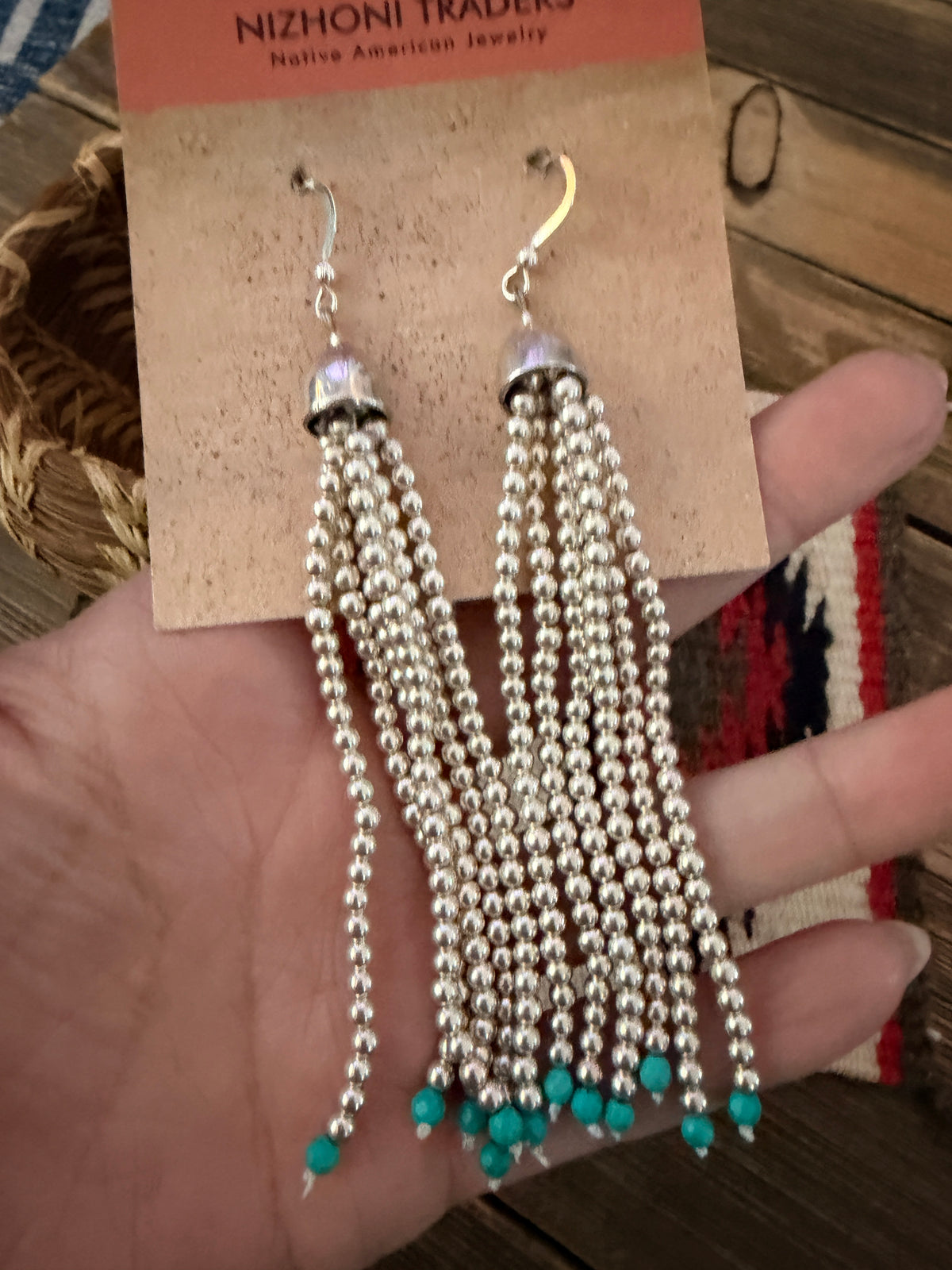 Handcrafted Turquoise & Sterling Silver Pearl Beaded Tassel Dangle Earrings