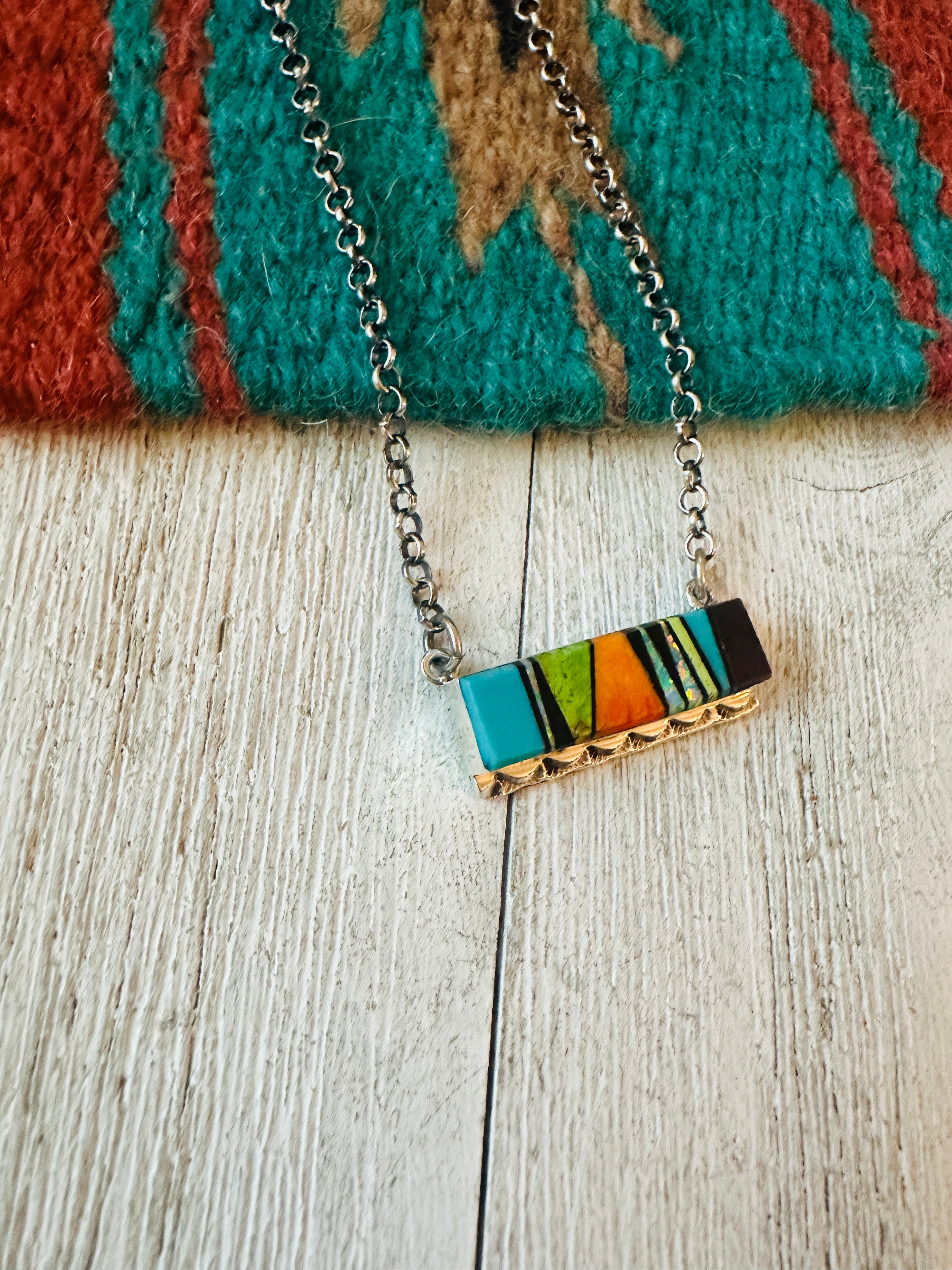 Navajo Multi Stone & Sterling Silver Inlay Bar Necklace