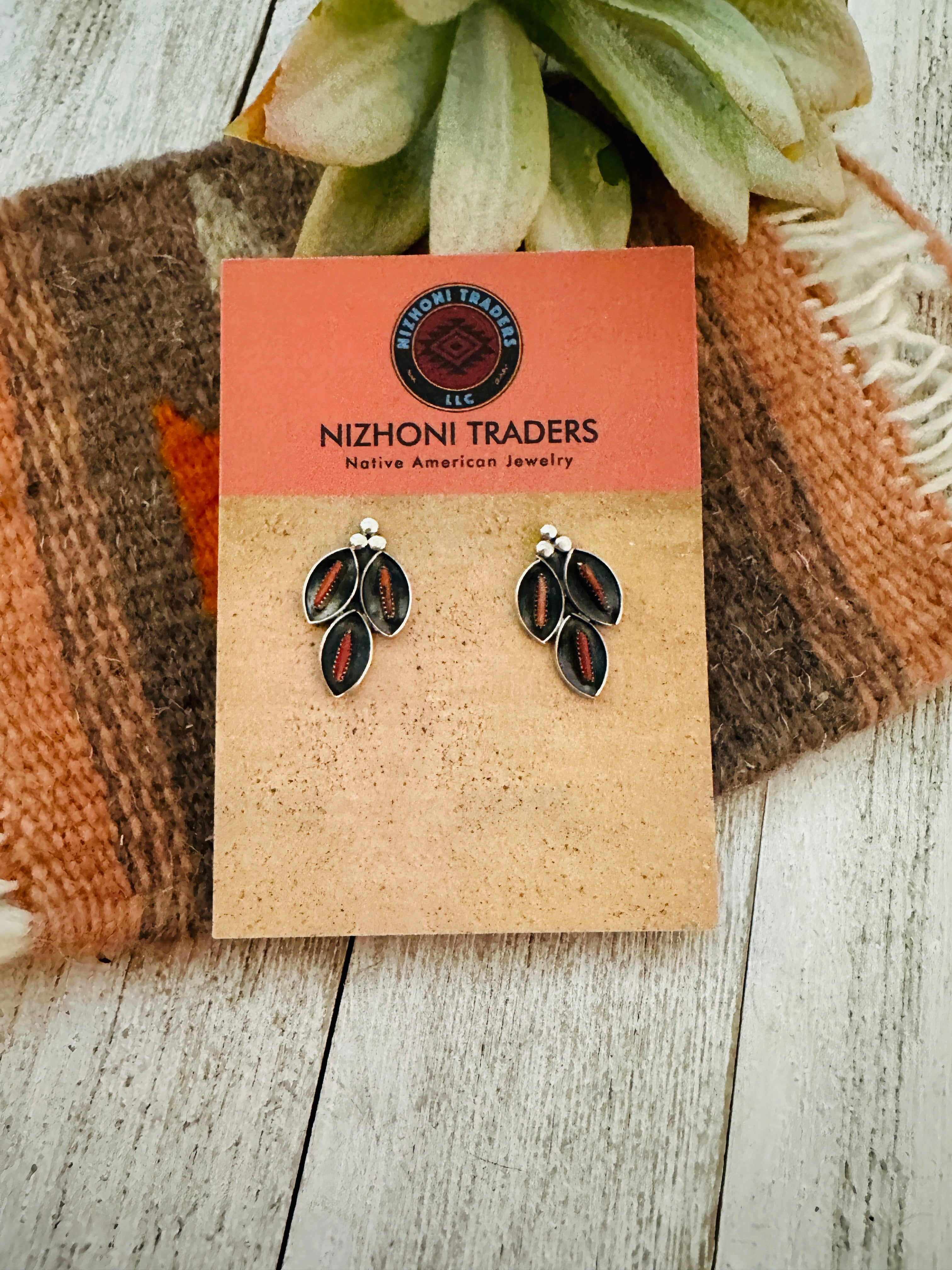 Zuni Coral & Sterling Silver Needlepoint Post Earrings