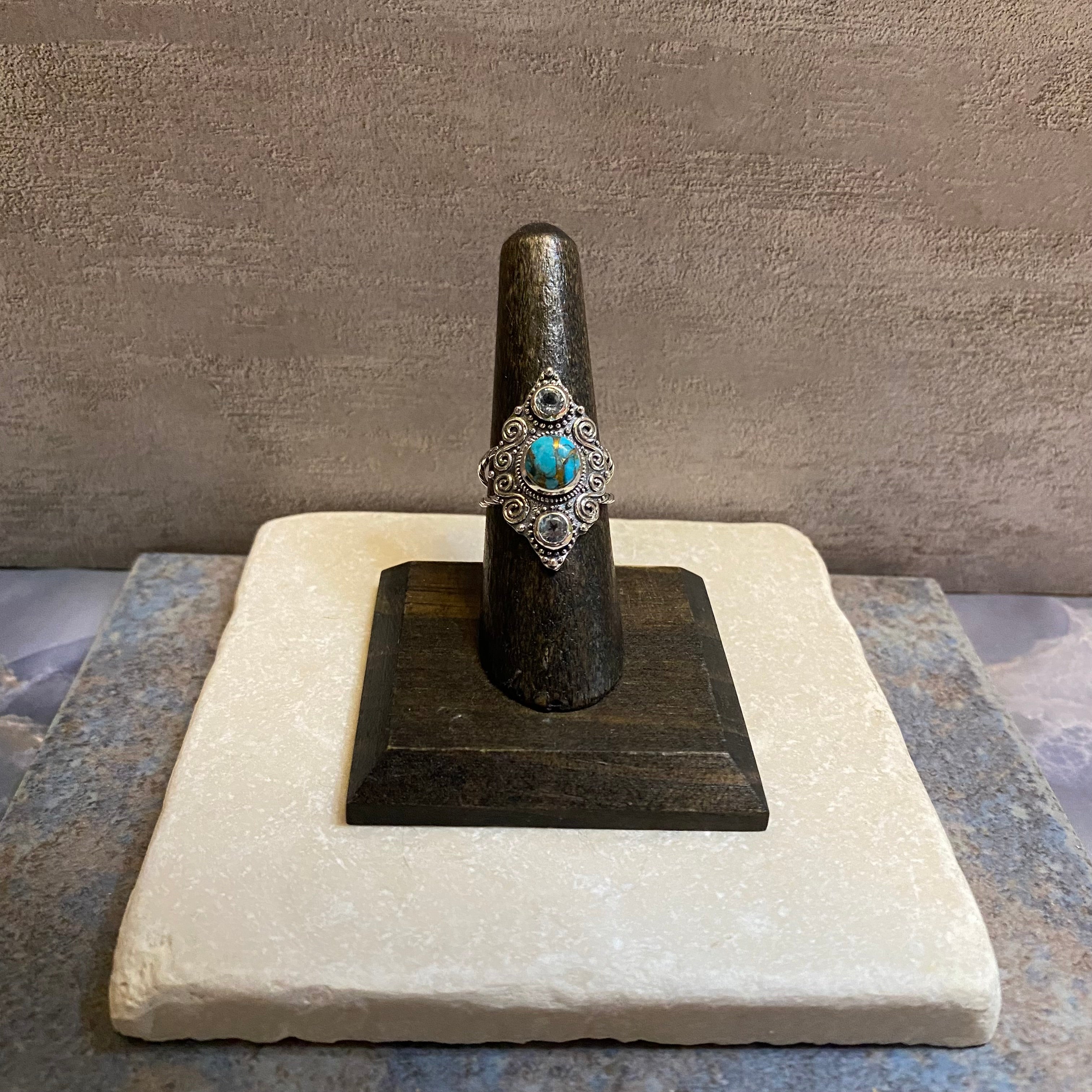 Sterling Silver Etched Copper Turquoise & Blue Topaz Ring Size 6.5