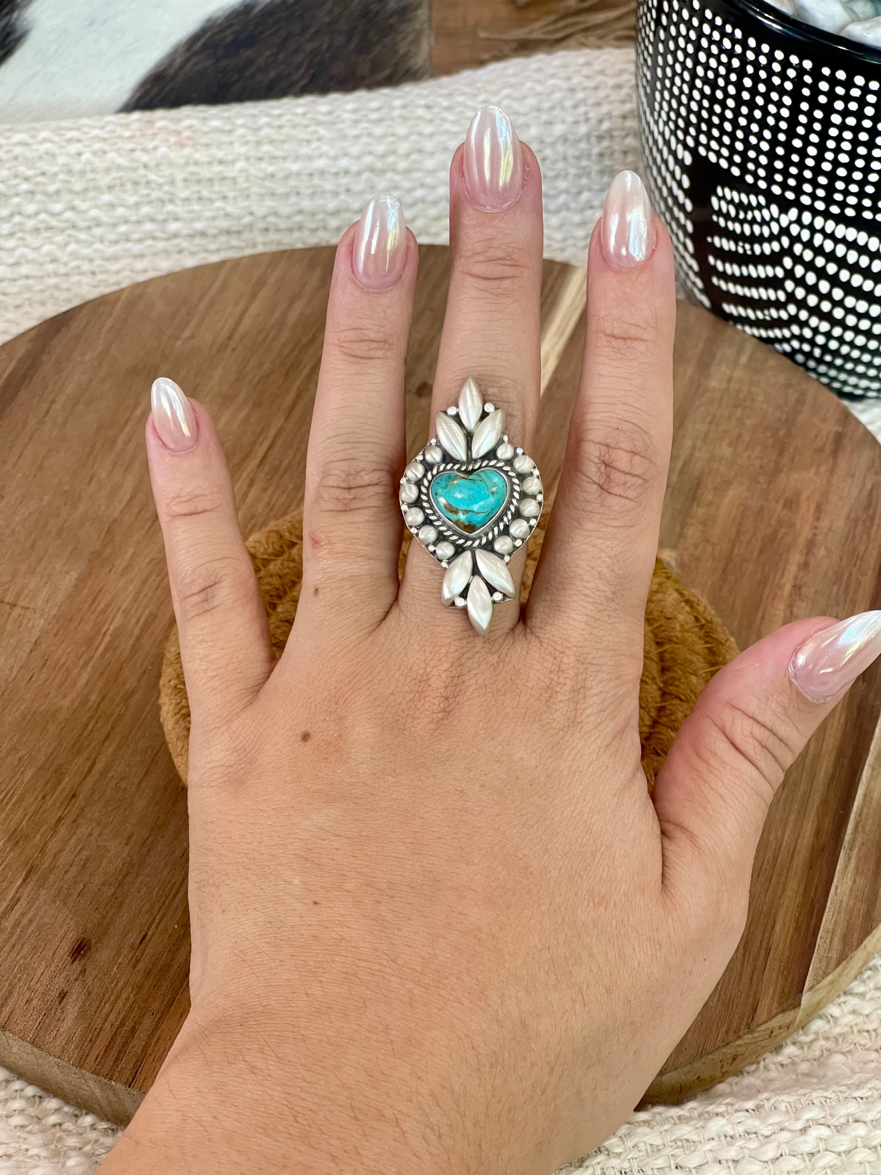 Beautiful Handmade Sterling Silver & Turquoise Adjustable Heart Ring