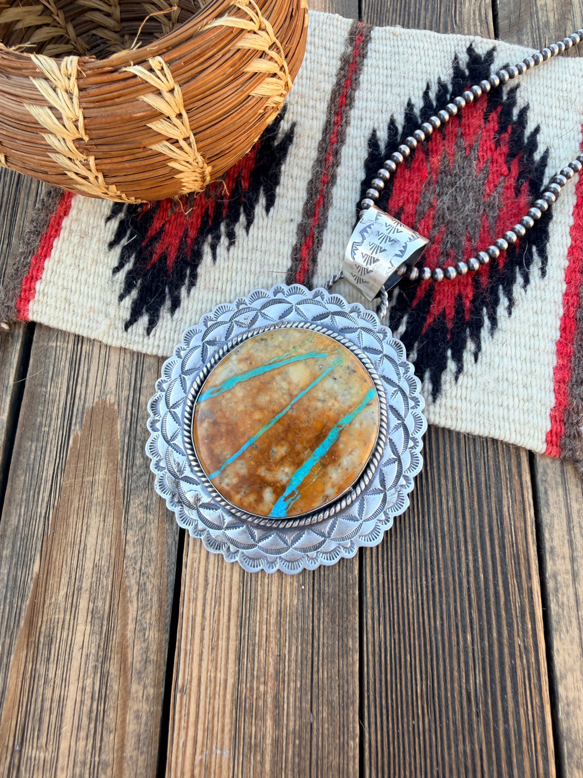 Handcrafted Sterling Silver & Royston Ribbon Turquoise Pendant by Rick Enriquez