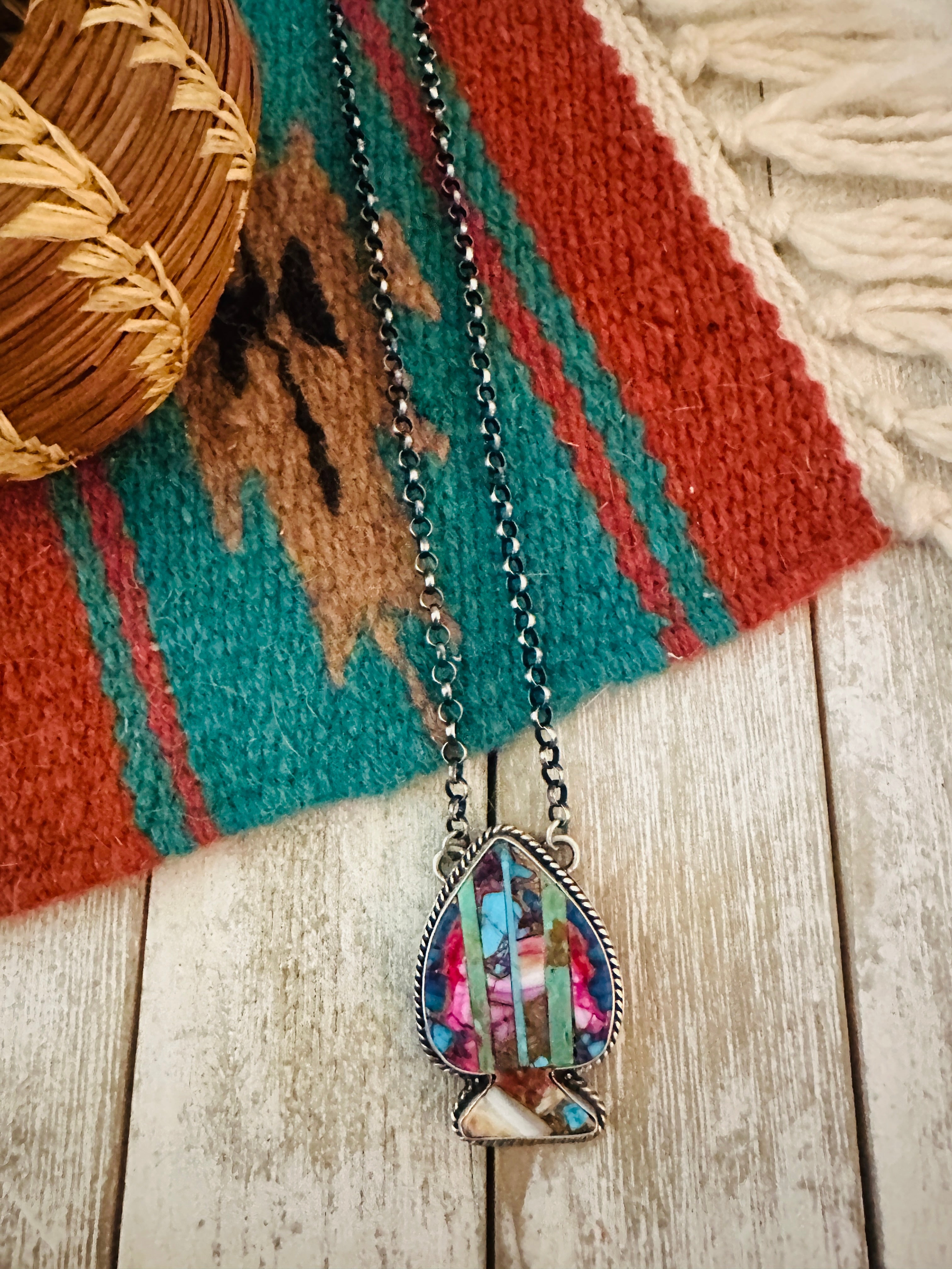 Navajo Sterling Silver & Multi Stone Inlay Spade Necklace