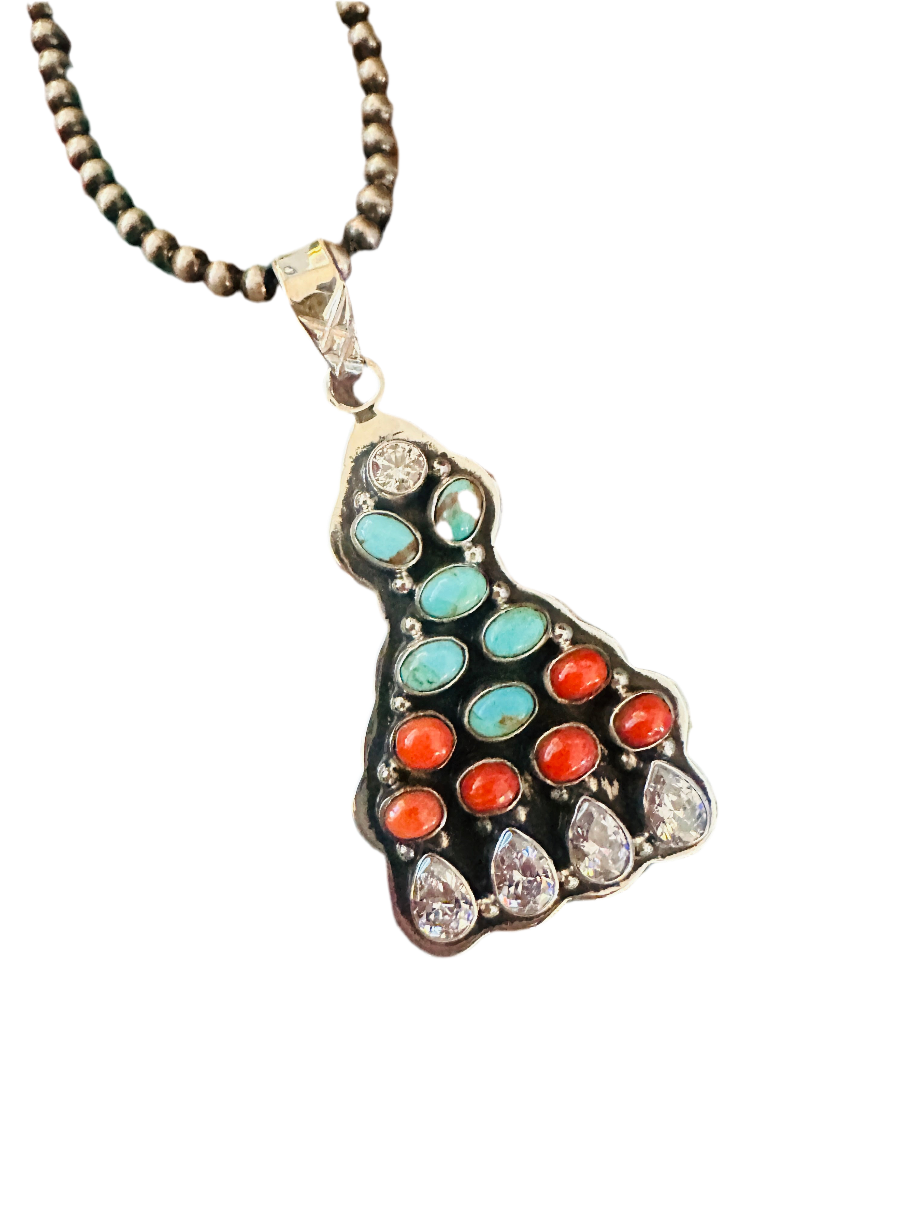 ** Christmas Collection ** Handmade Sterling Silver, Coral, Turquoise & CZ Pendant Signed Nizhoni