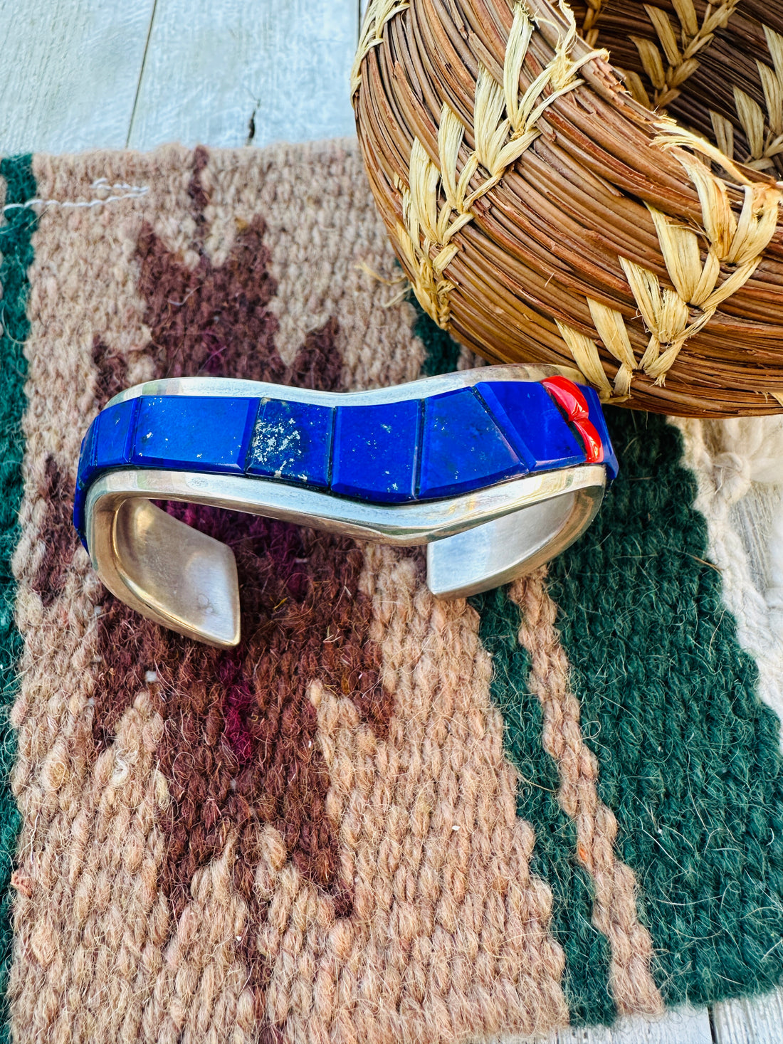 Handcrafted Old Pawn Sterling Silver, Lapis & Coral Inlay Cuff Bracelet by The Dukepoos