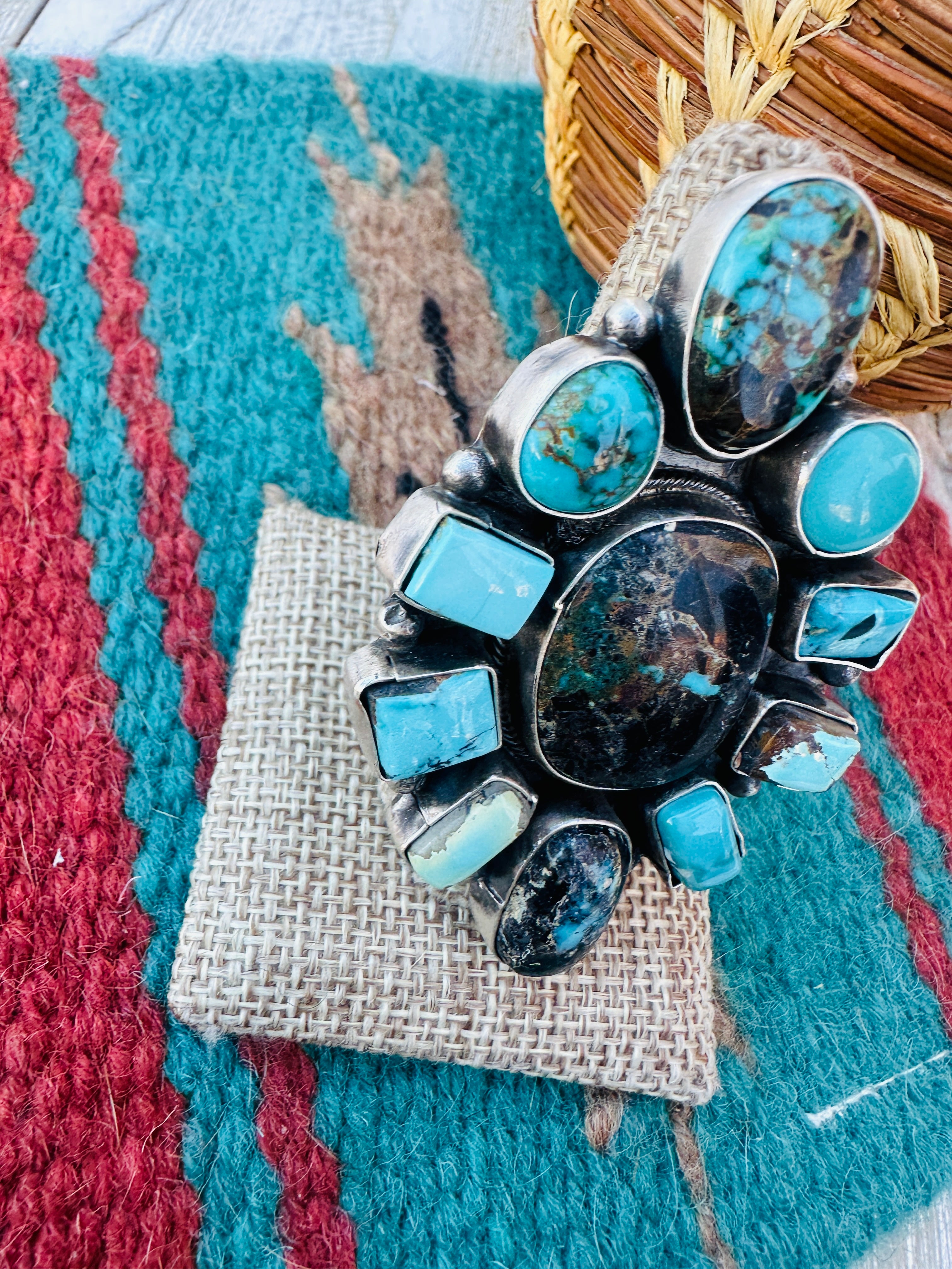 Hand Crafted Multi Turquoise & Sterling Silver Cluster Ring Size 10.5 by Ella Peter