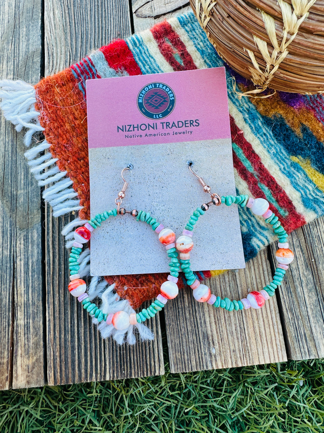 Handcrafted Queen Pink Conch, Turquoise & Copper Beaded Dangle Hoop Earrings