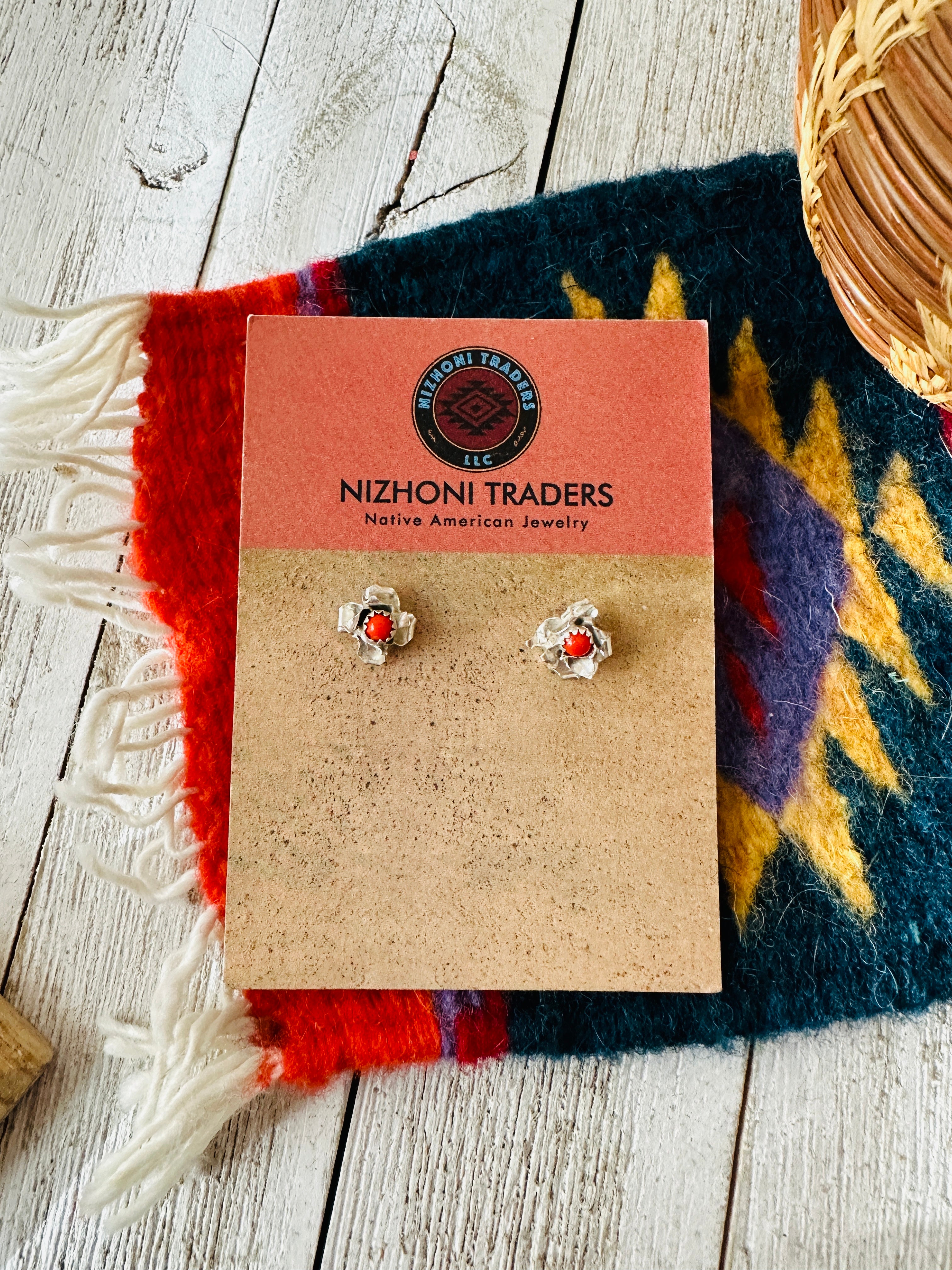 Navajo Coral and Sterling Silver Flower Stud Earrings