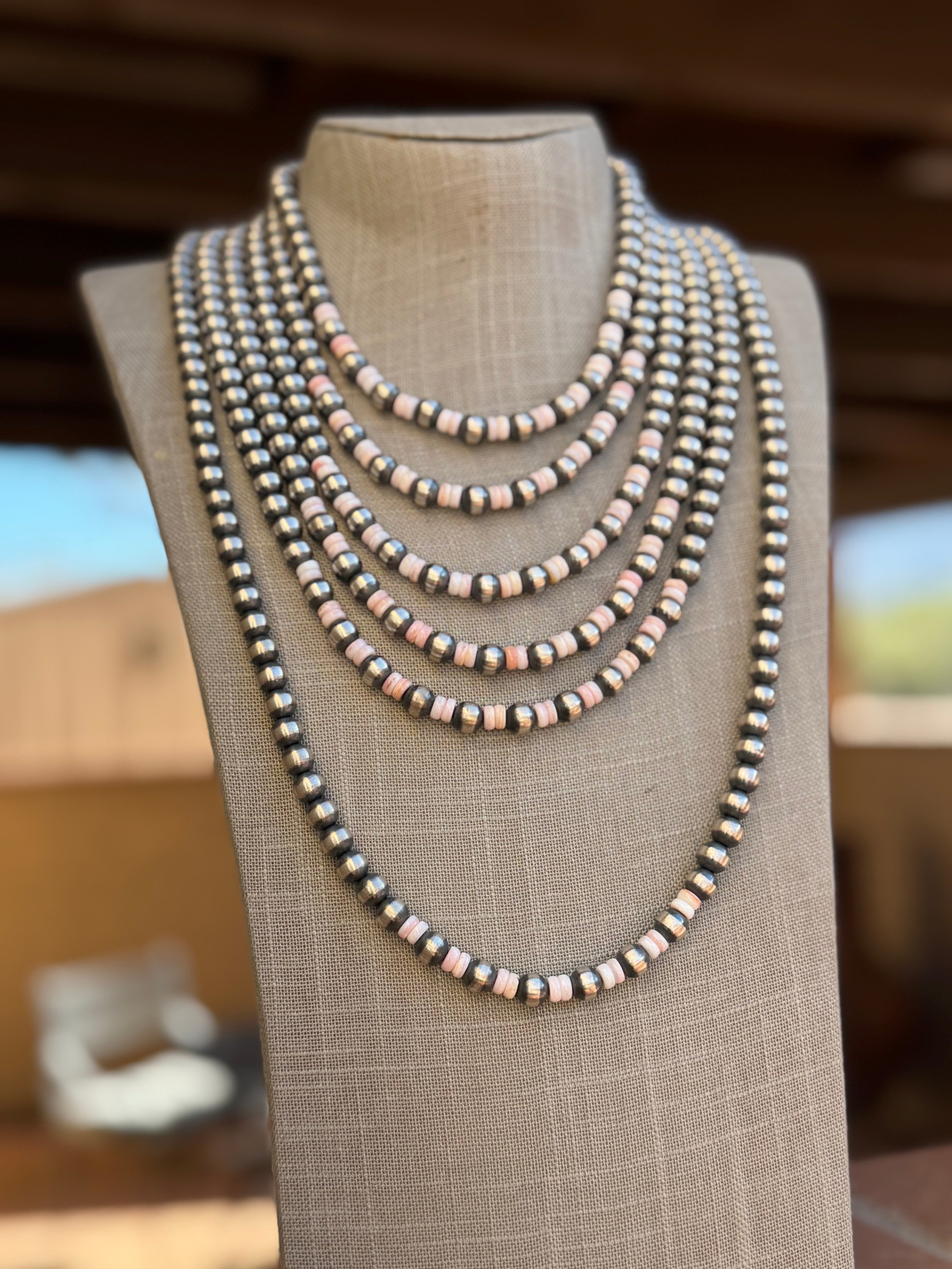 Handcrafted  Sterling Silver Pearl & Queen Pink Conch Beaded Necklace 8mm