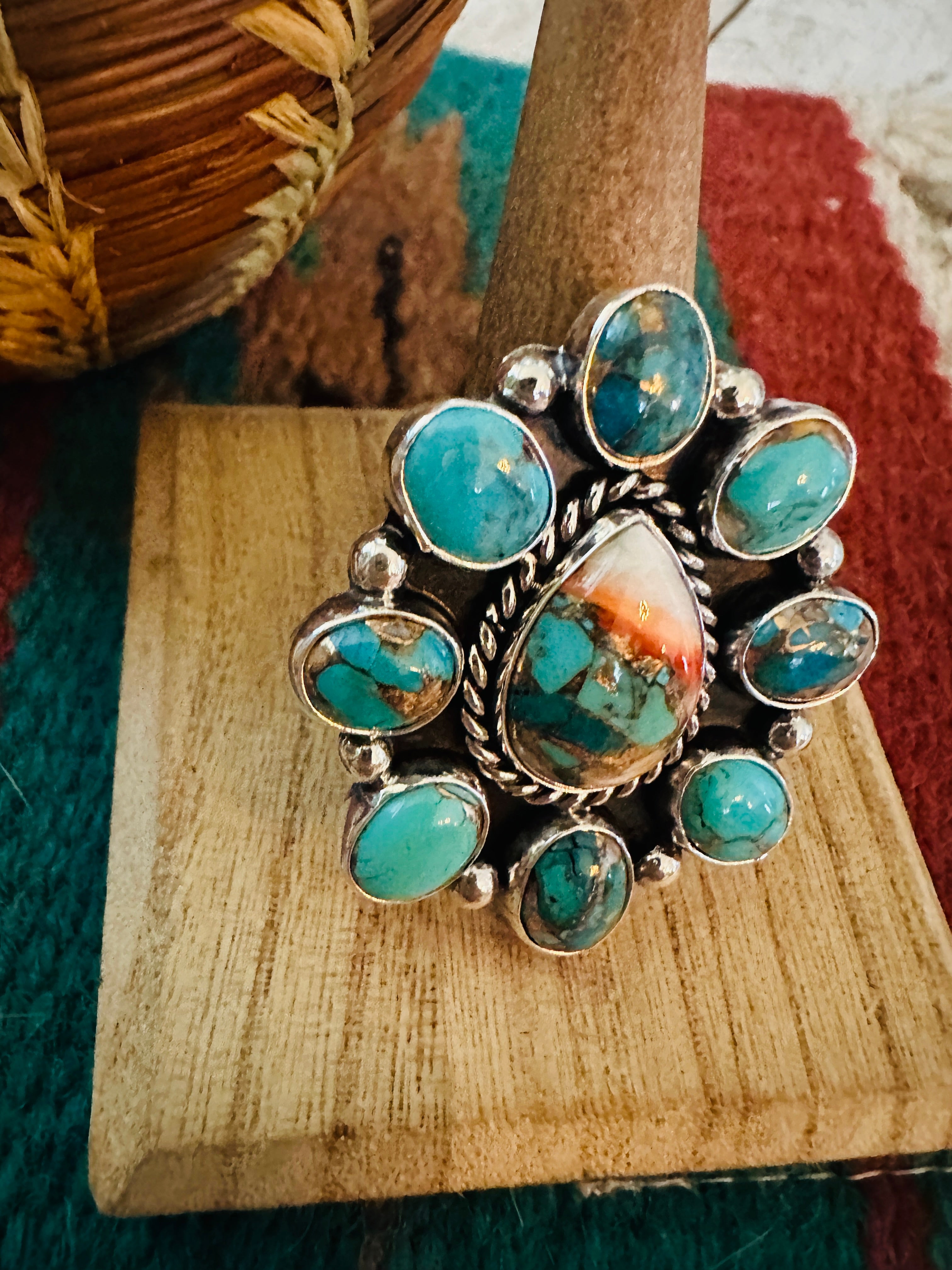 Navajo Sterling Silver & Multi Stone Spice Cluster Adjustable Ring