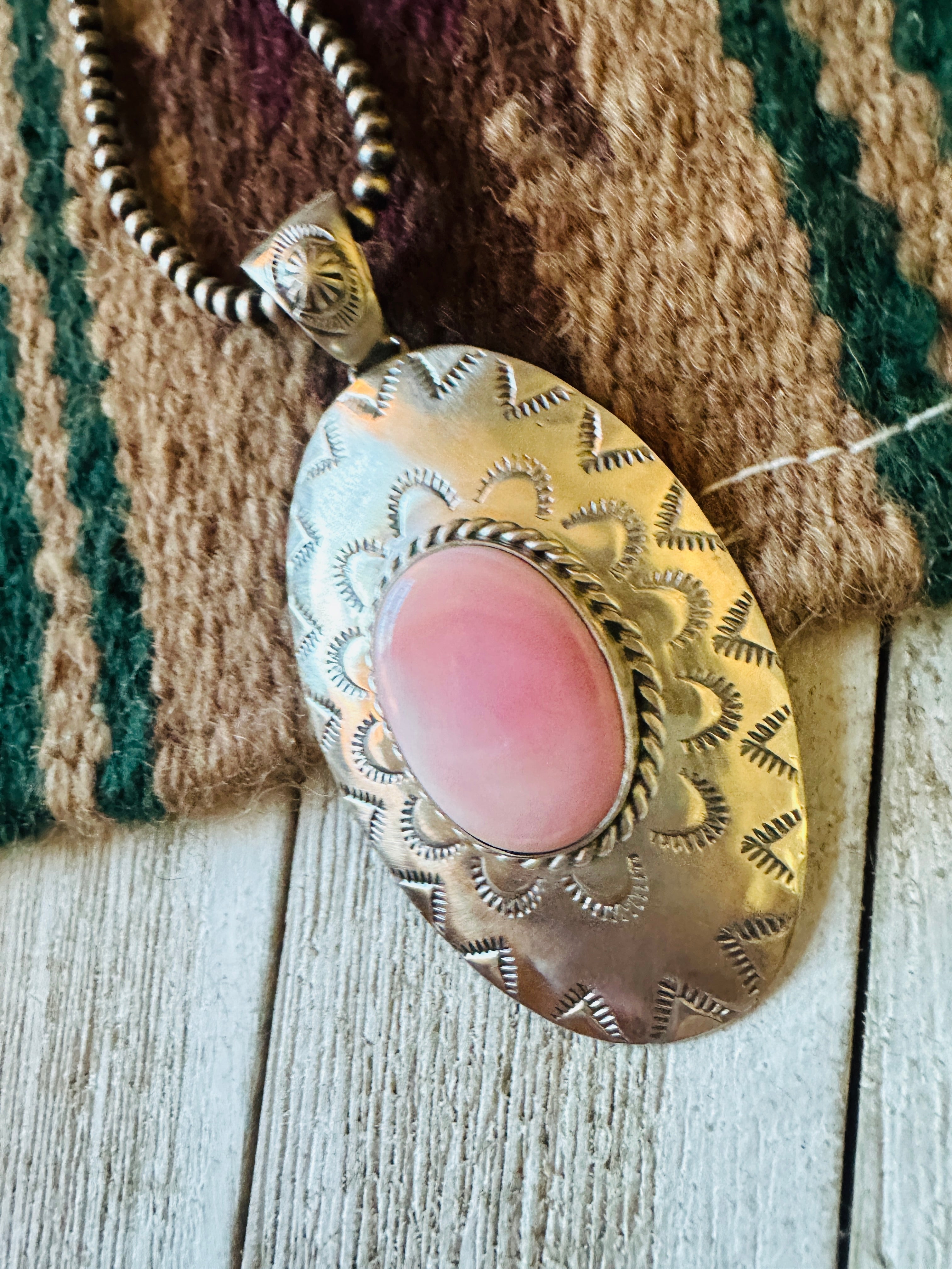 Navajo Queen Pink Conch Shell & Sterling Silver Concho Pendant