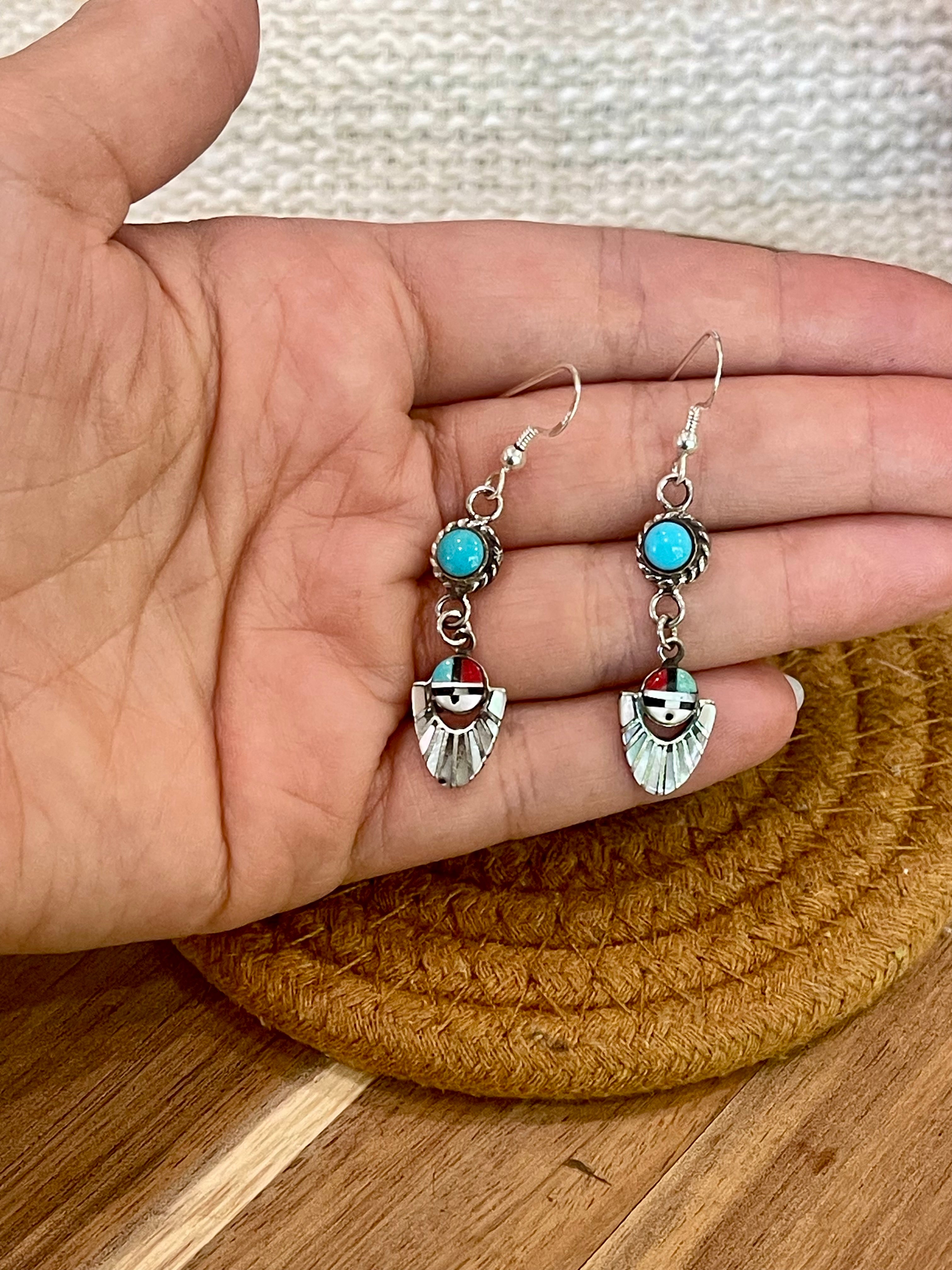 Handmade Sterling Silver & Multi Stone Sunface Dangle Earrings