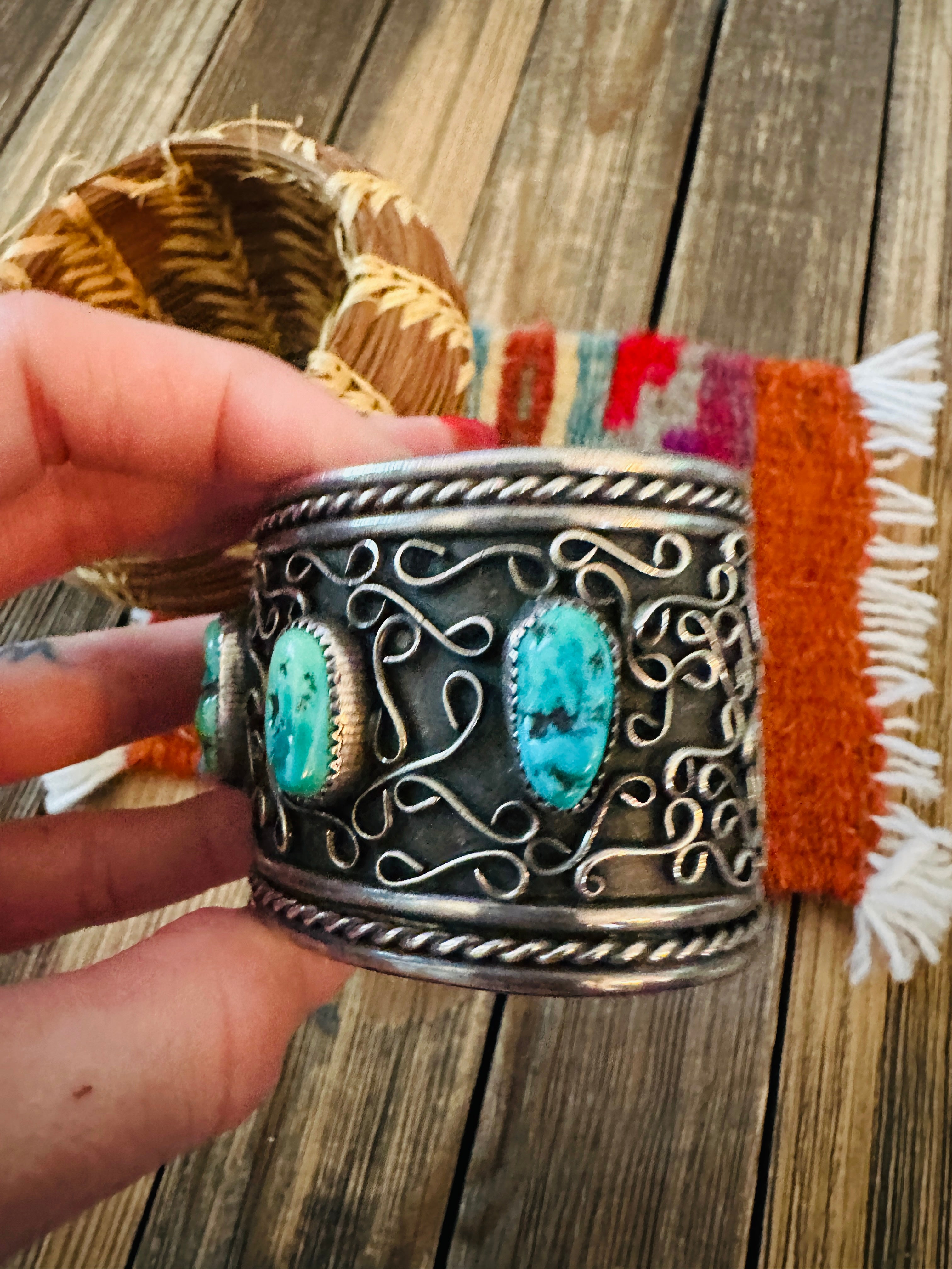 Handcrafted Old Pawn Sterling Silver & Kingman Turquoise Cuff Bracelet