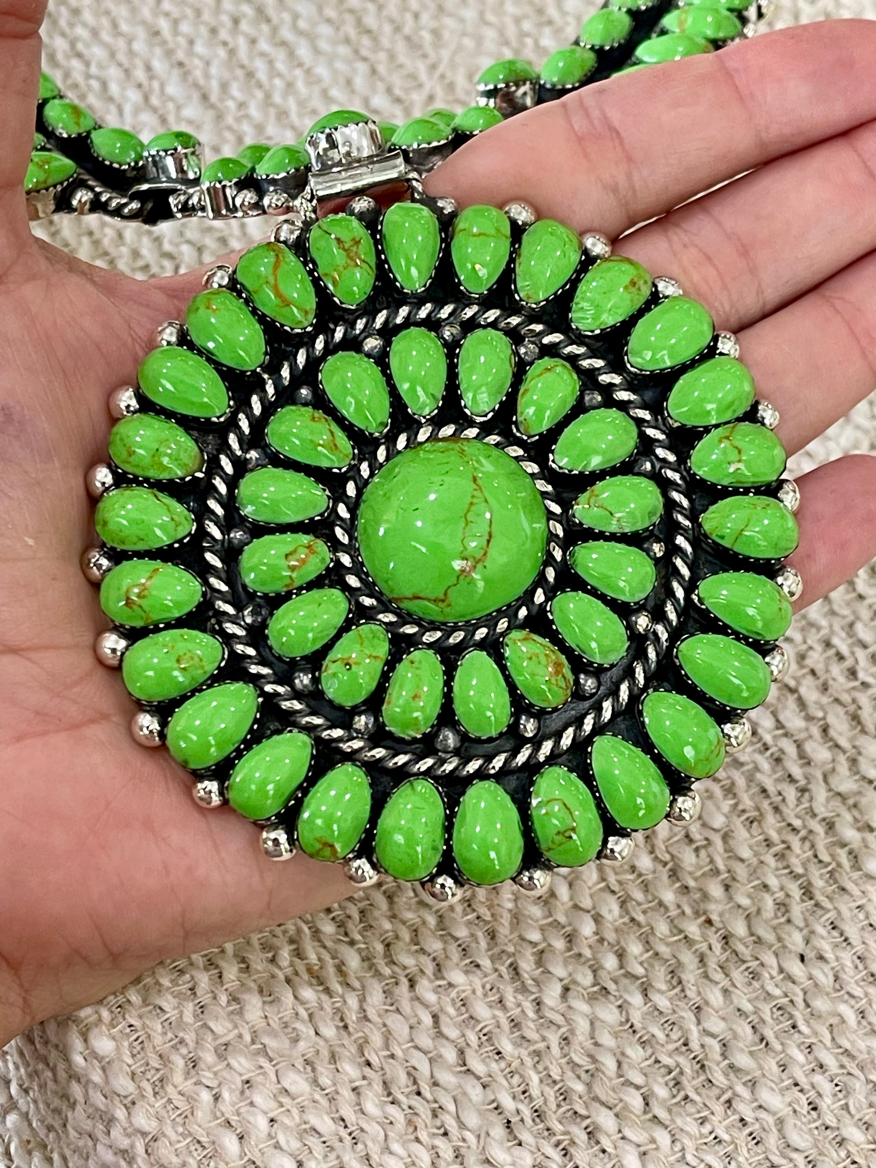 Beautiful Handmade Sterling Silver & Dyed Kingman Turquoise Cluster Necklace And Earring Set