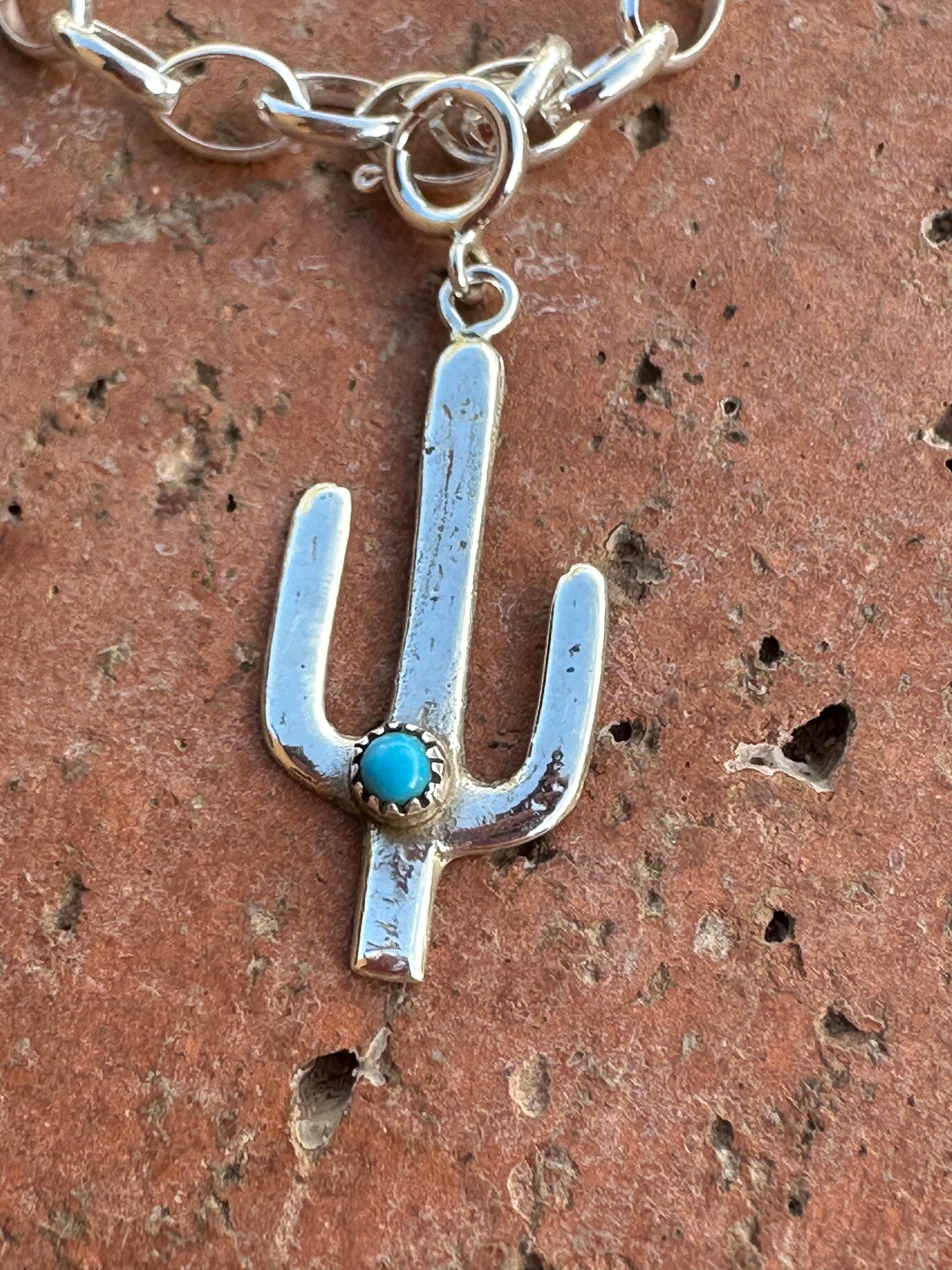 Navajo Crafted Sterling Silver and Turquoise Saguaro Charm