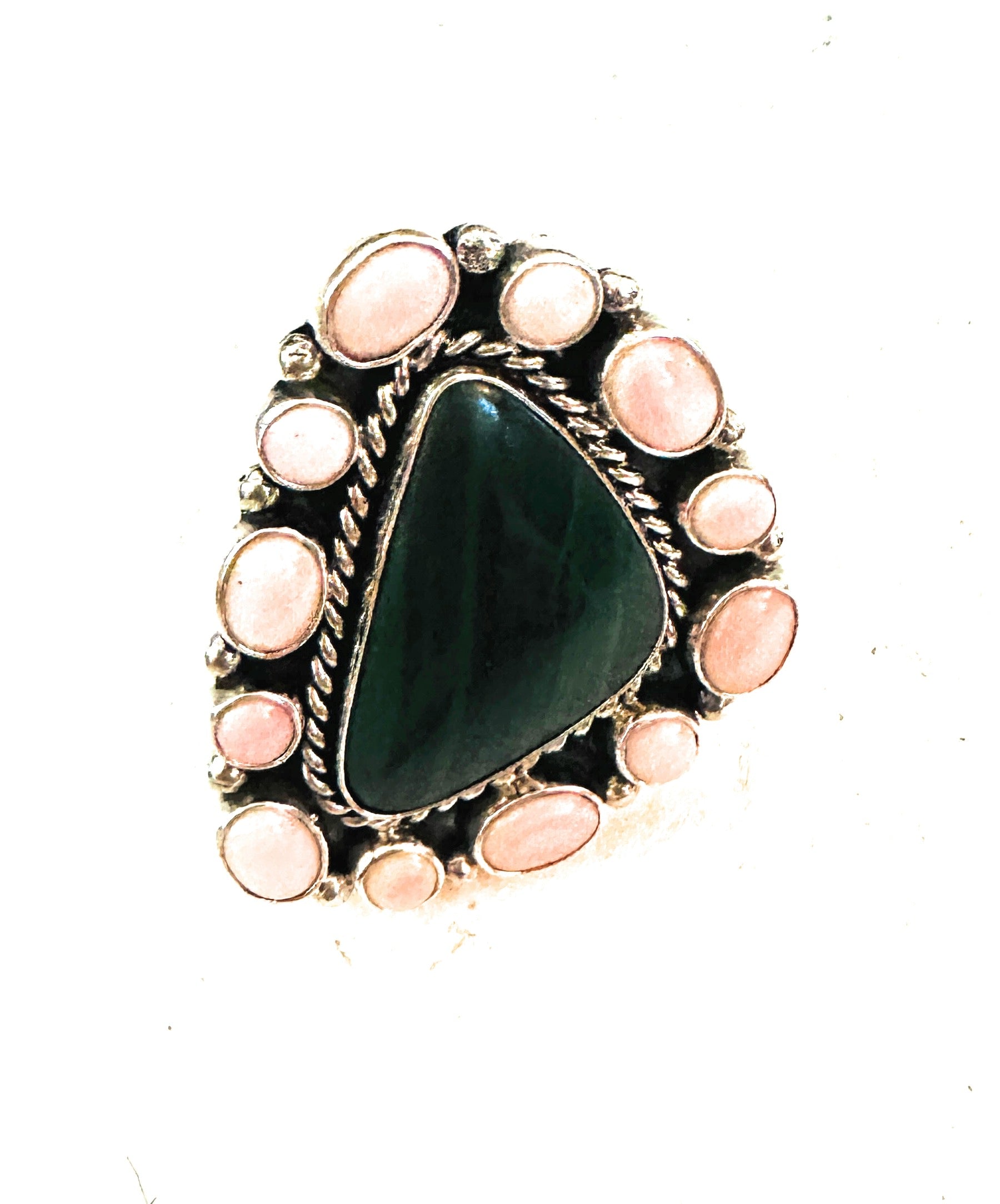 Navajo Sterling Silver, Queen Pink Conch & Malachite Cluster Adjustable Ring