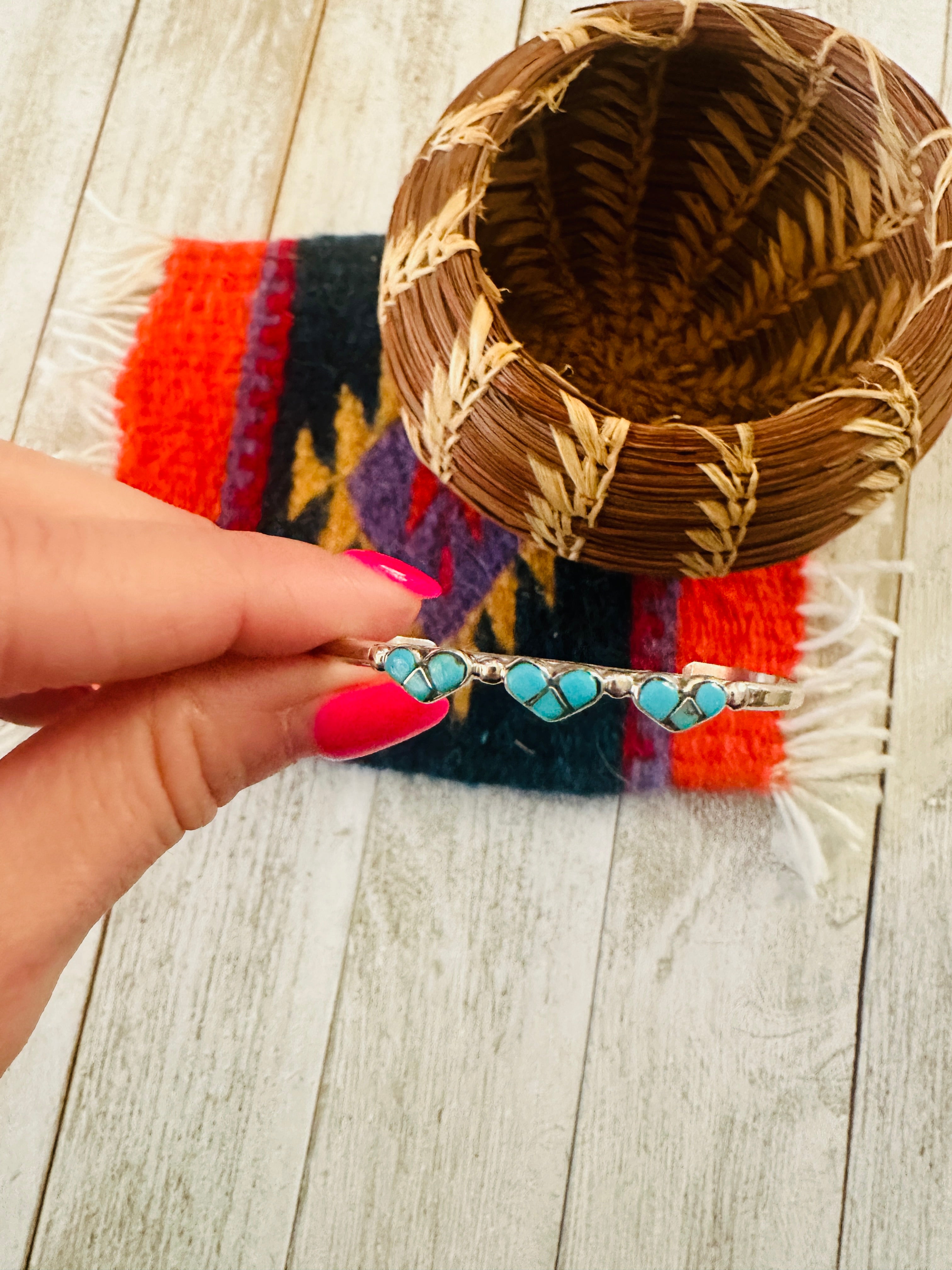 Zuni Sterling Silver & Turquoise Heart Baby Cuff Bracelet