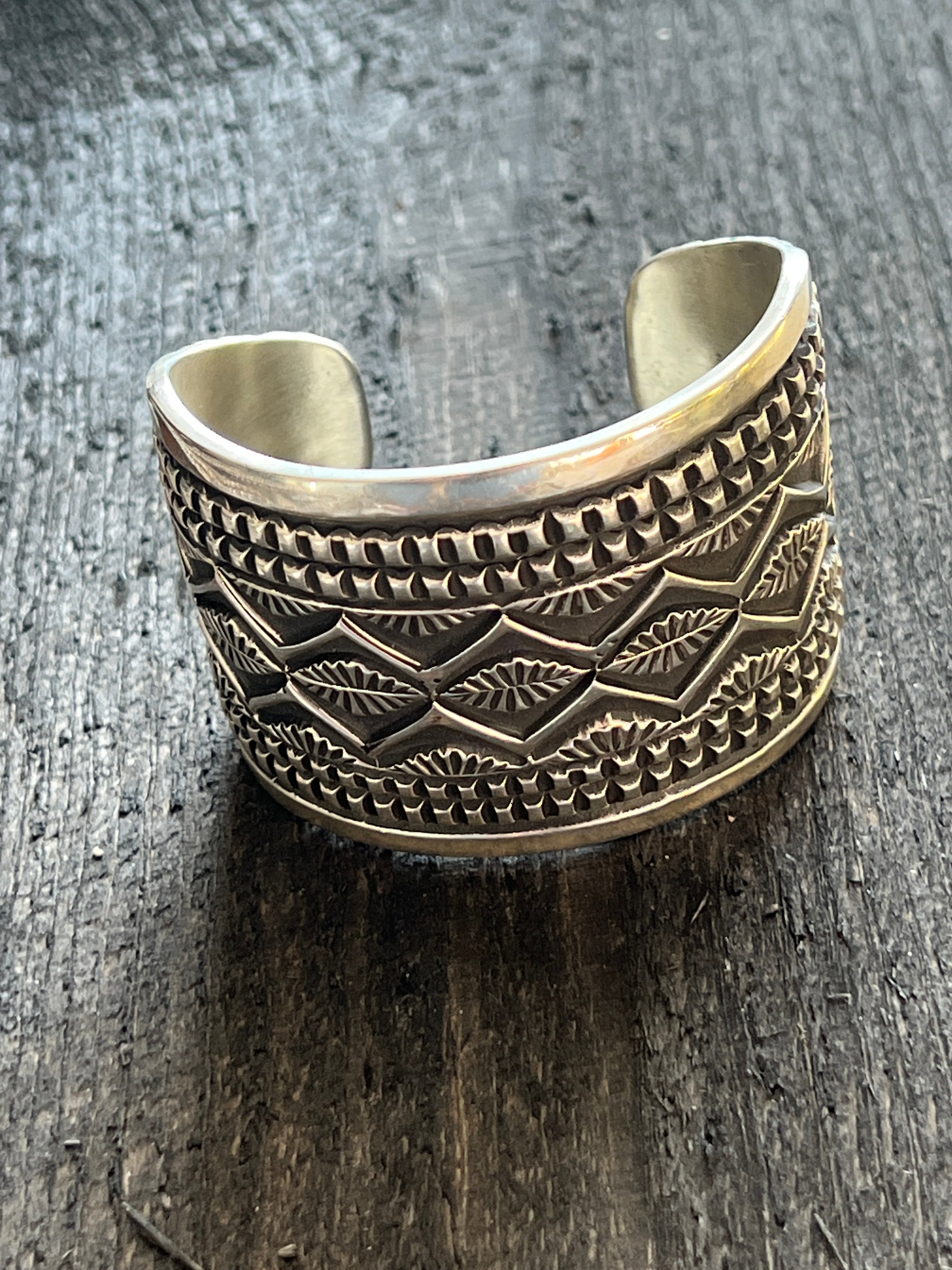 Handcrafted Old Pawn Sterling Silver Deep Stamped Cuff Bracelet by Elvira Bill