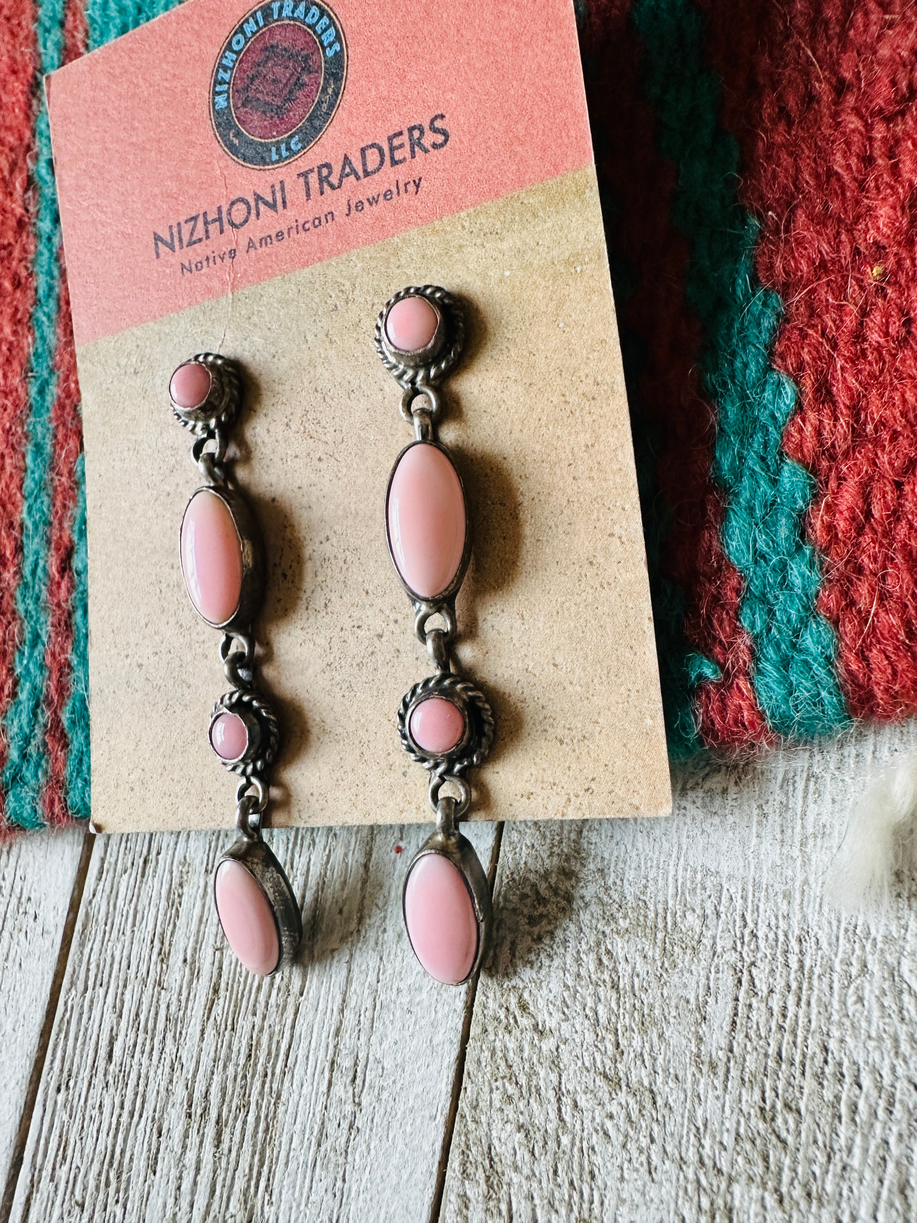 Navajo Queen Pink Conch & Sterling Silver 4-Stone Dangle Earrings