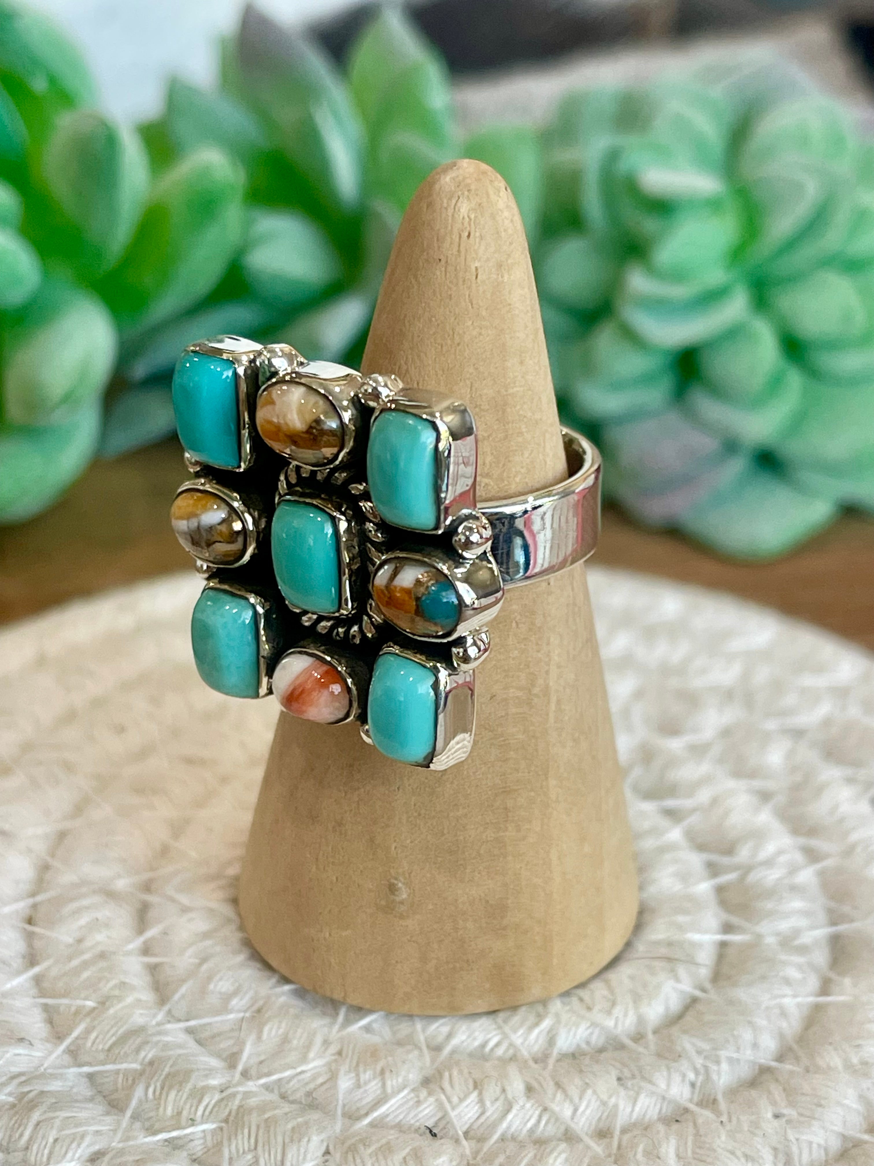 Beautiful Handmade Turquoise, Spice And Sterling Silver Adjustable Ring