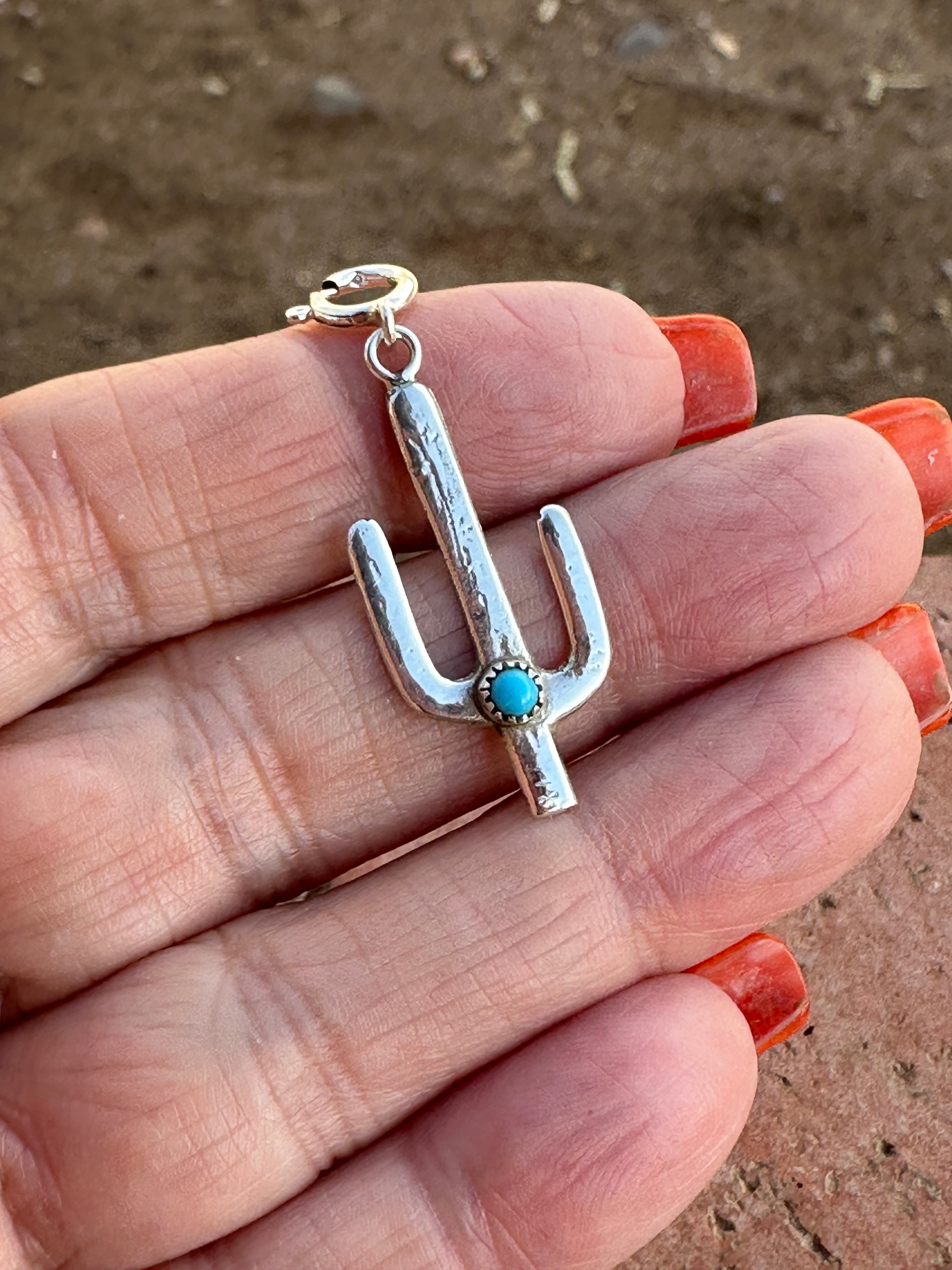 Navajo Crafted Sterling Silver and Turquoise Saguaro Charm