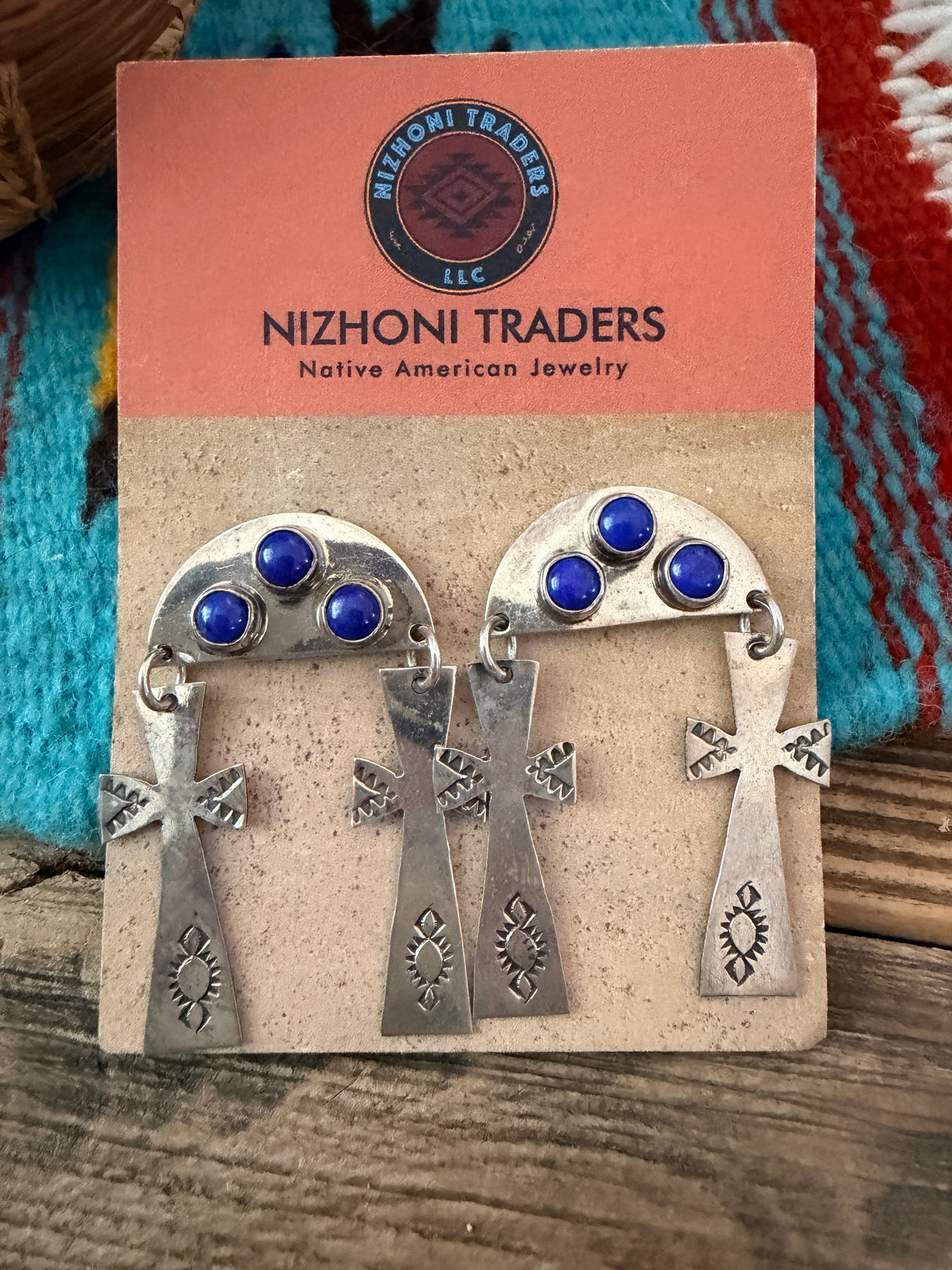 Old Pawn Handcrafted Sterling Silver & Lapis Cross Dangle Earrings