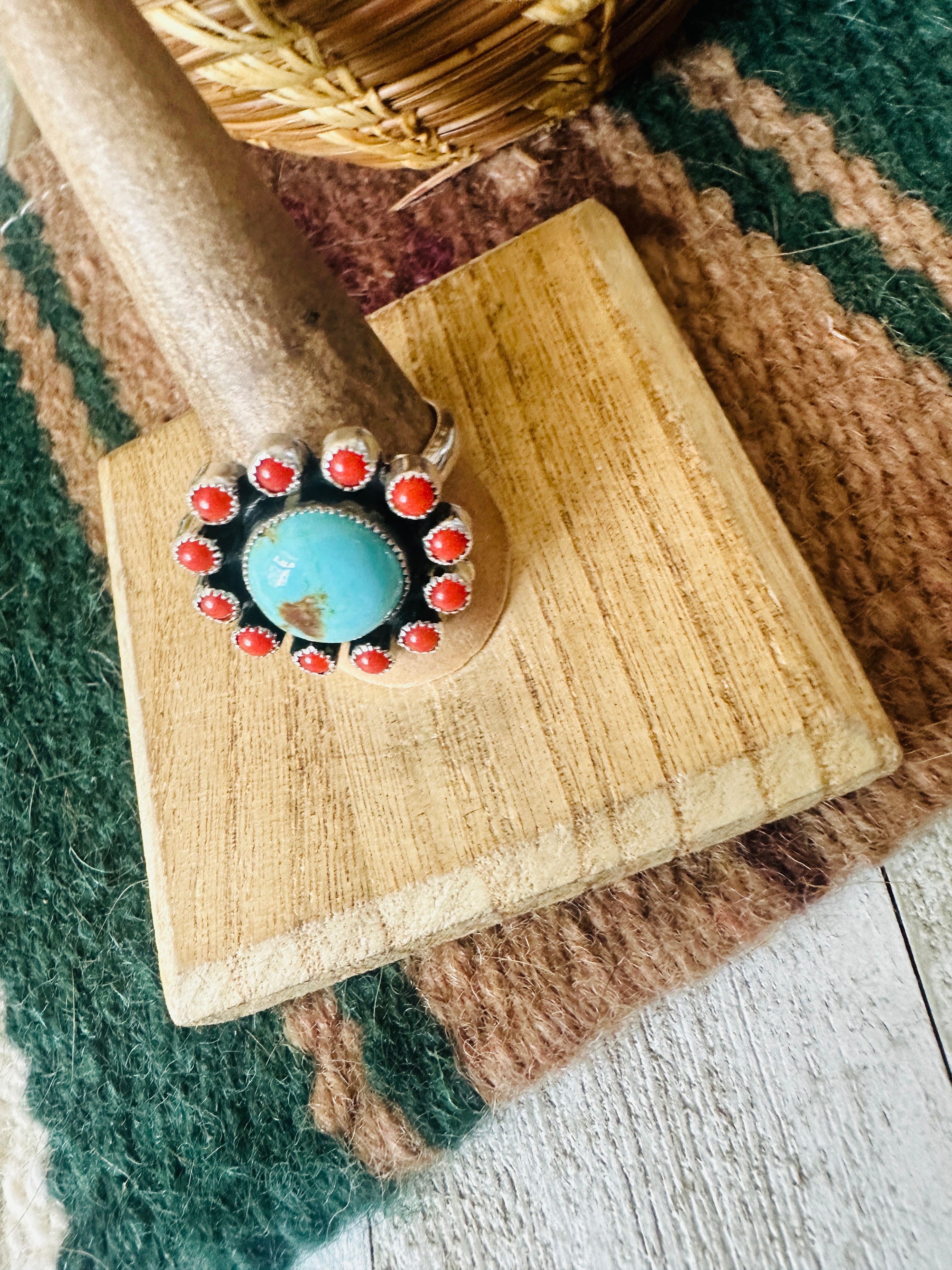 Navajo Sterling Silver, Turquoise & Coral Cluster Adjustable Ring