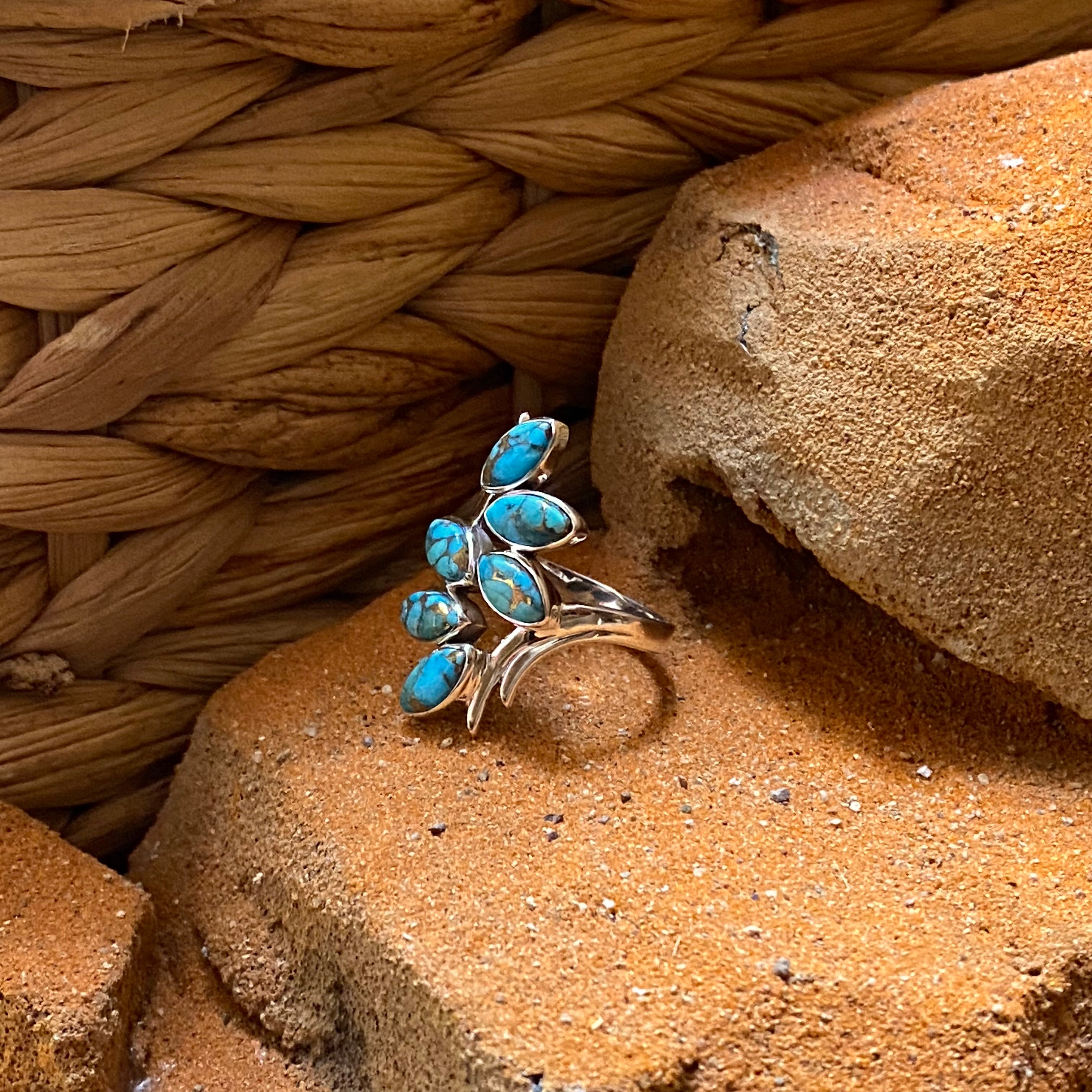 Sterling Silver Six Leaf Copper Turquoise Ring Size 8.75