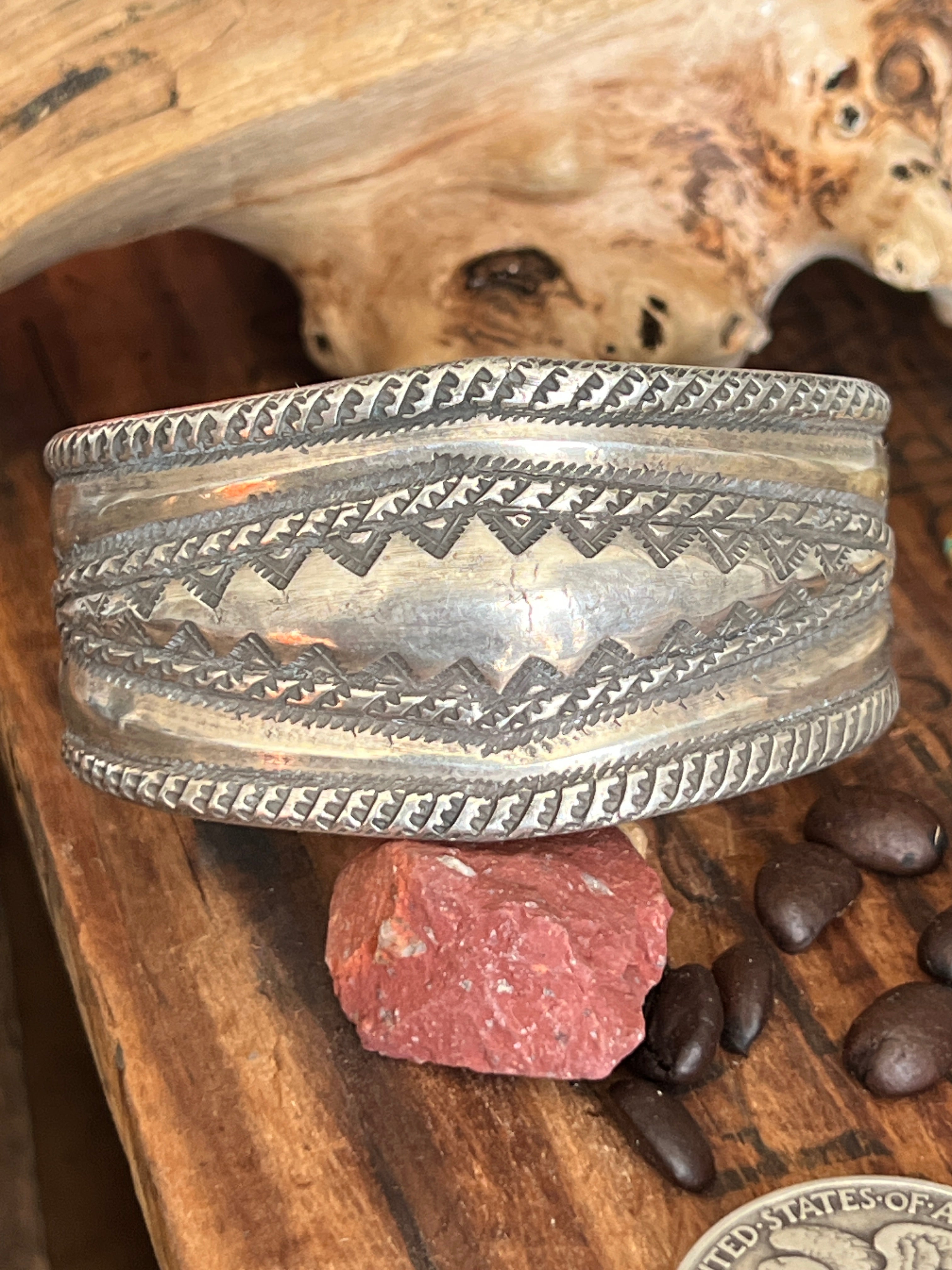 Hand Forged Old Pawn Sterling Silver Repousse Ingot Cuff Bracelet by Santa Fe Artist, Buffalo, The Monsoon