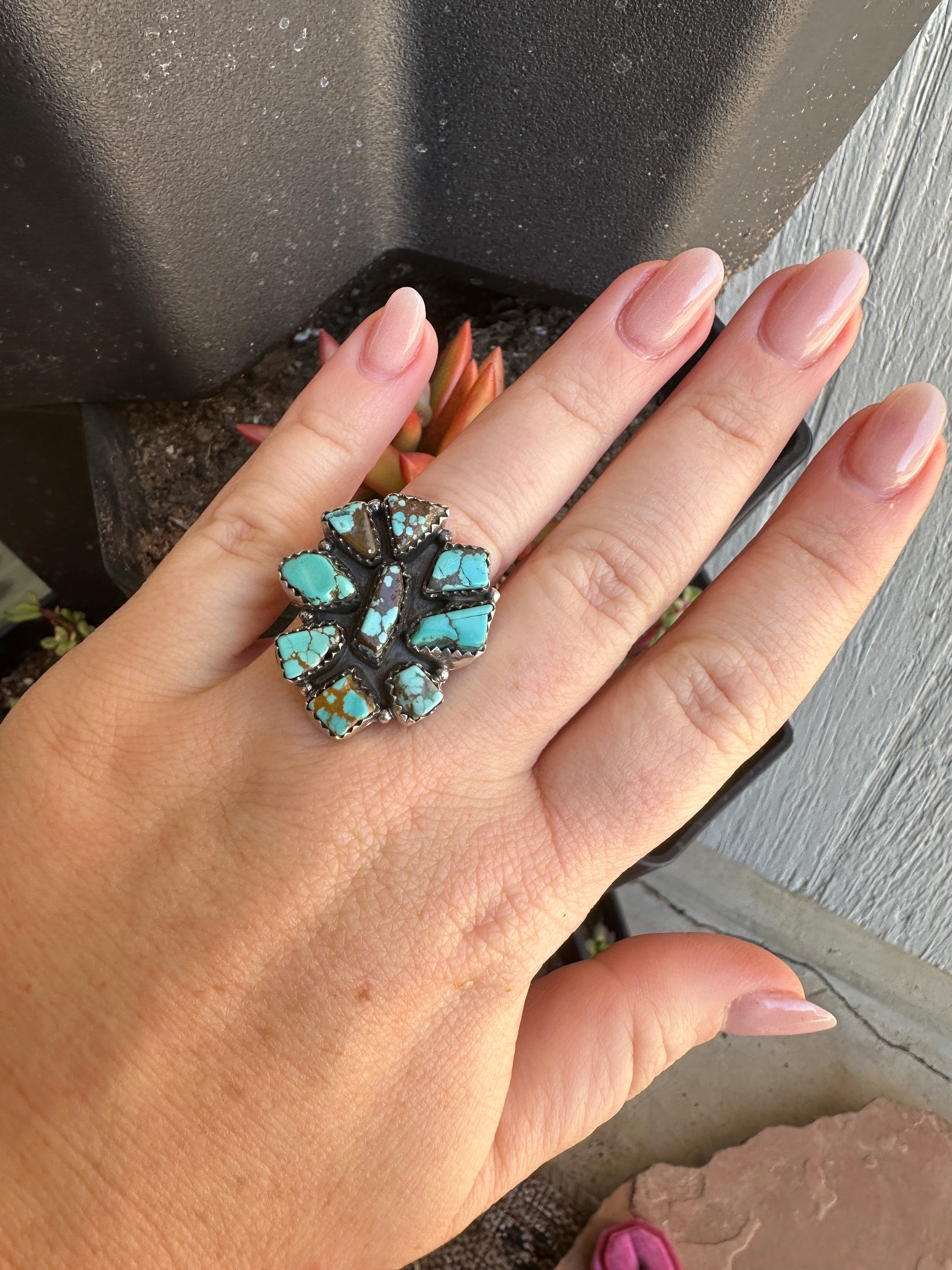 Beautiful Handmade Number 8 Turquoise And Sterling Silver Adjustable Cluster Ring