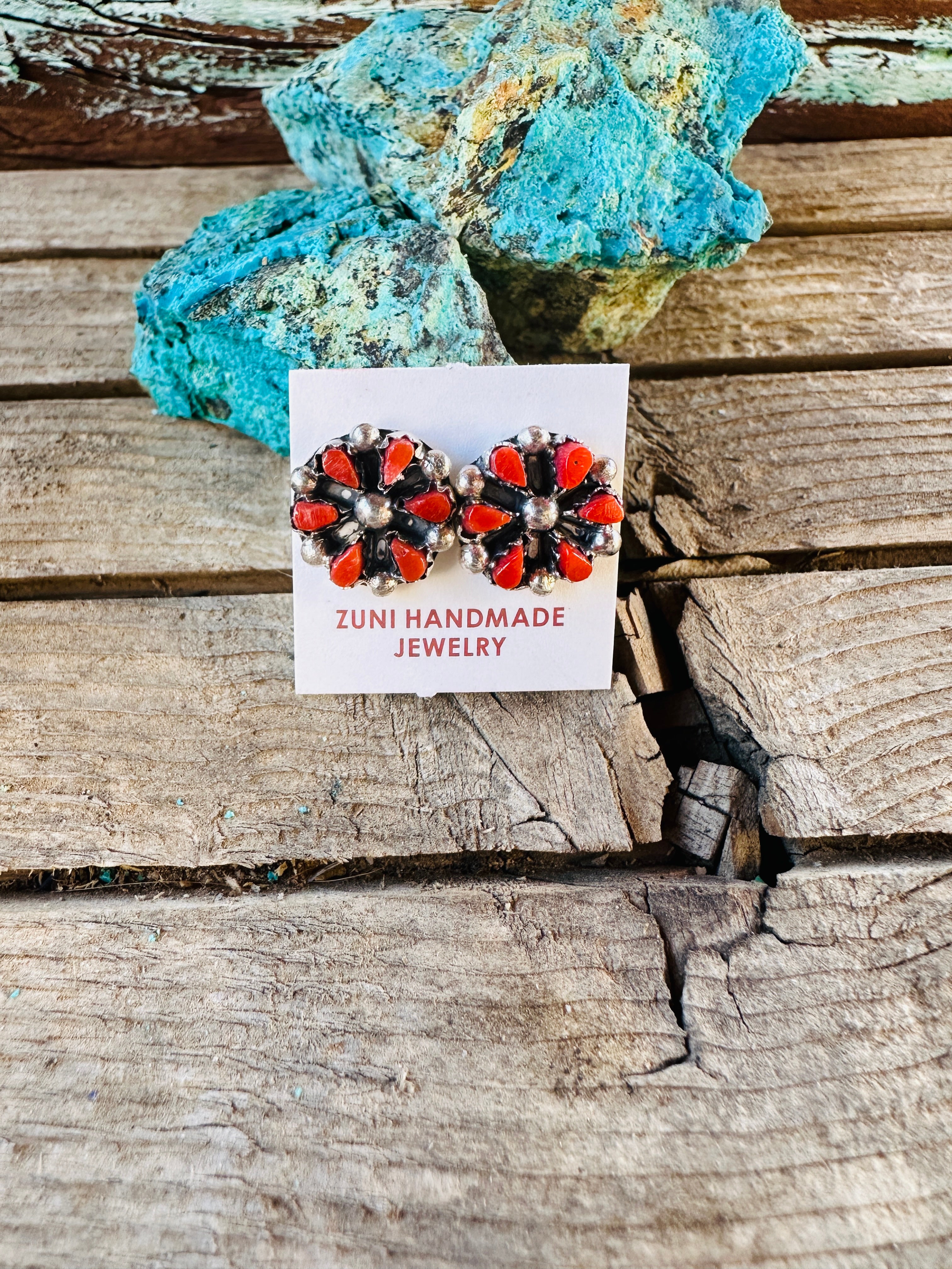 Handcrafted Sterling Silver & Coral Petit Point Stud Earrings
