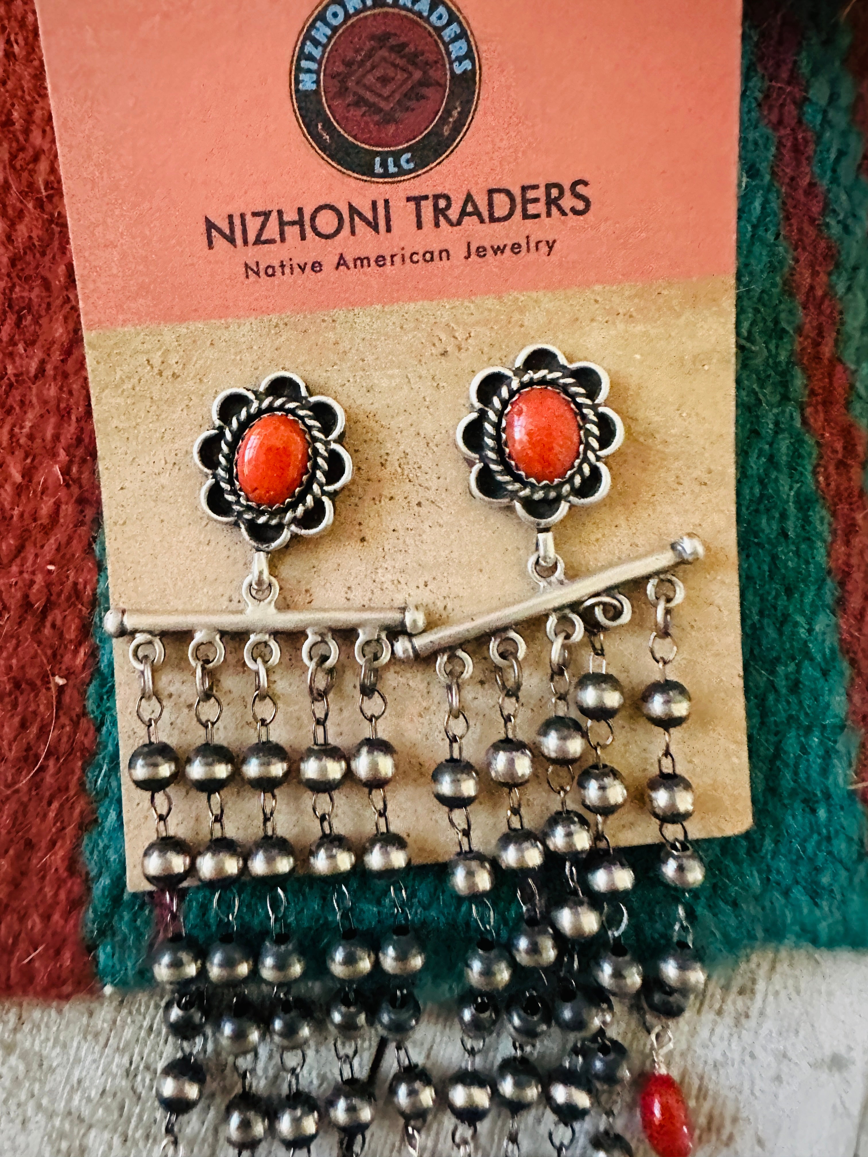 Handcrafted Coral  & Sterling Silver Pearl Beaded Tassel Dangle Earrings