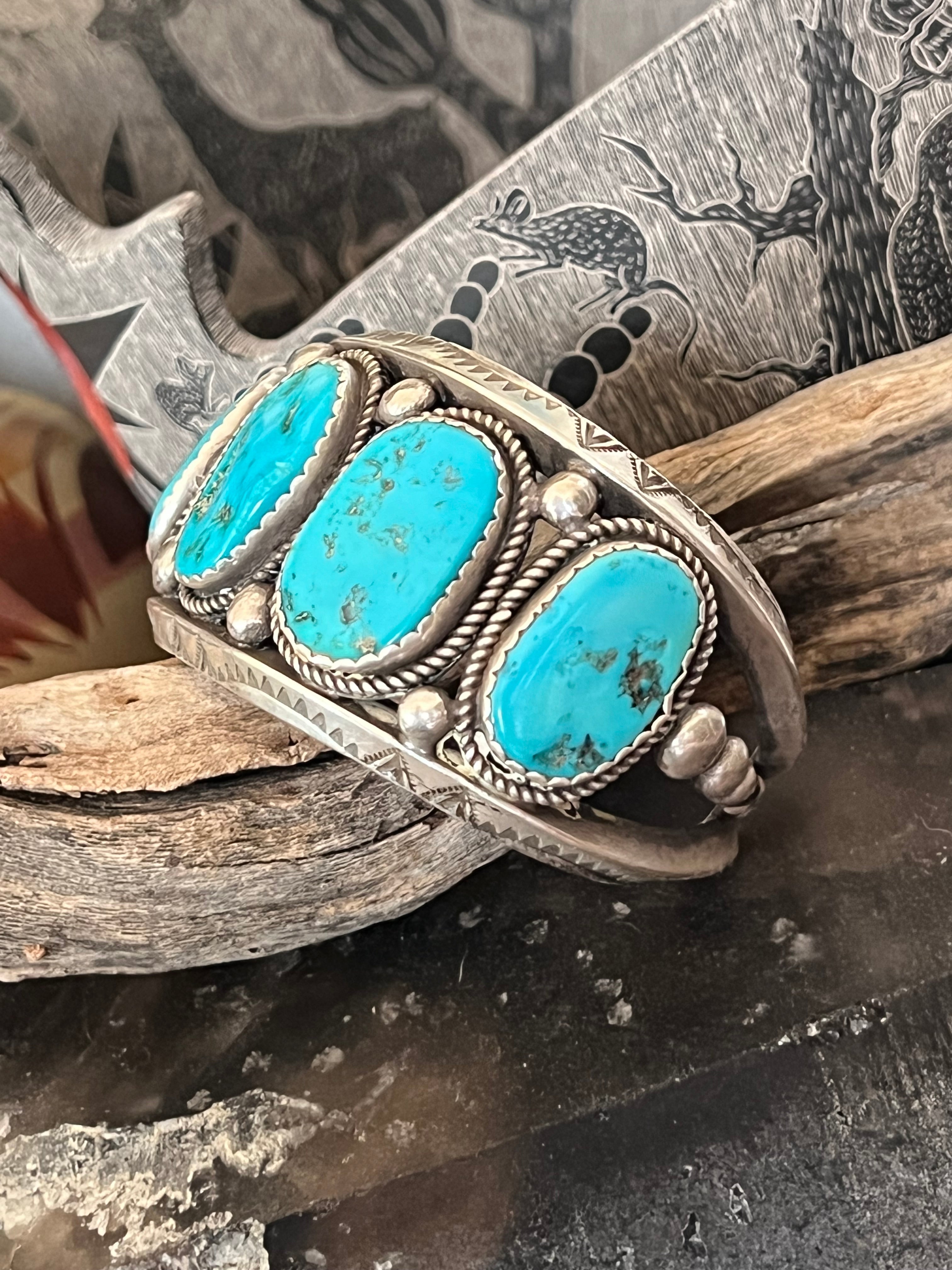 Handcrafted Old Pawn Sterling Silver and Natural Sleeping Beauty Turquoise Cuff Bracelet, Signed /