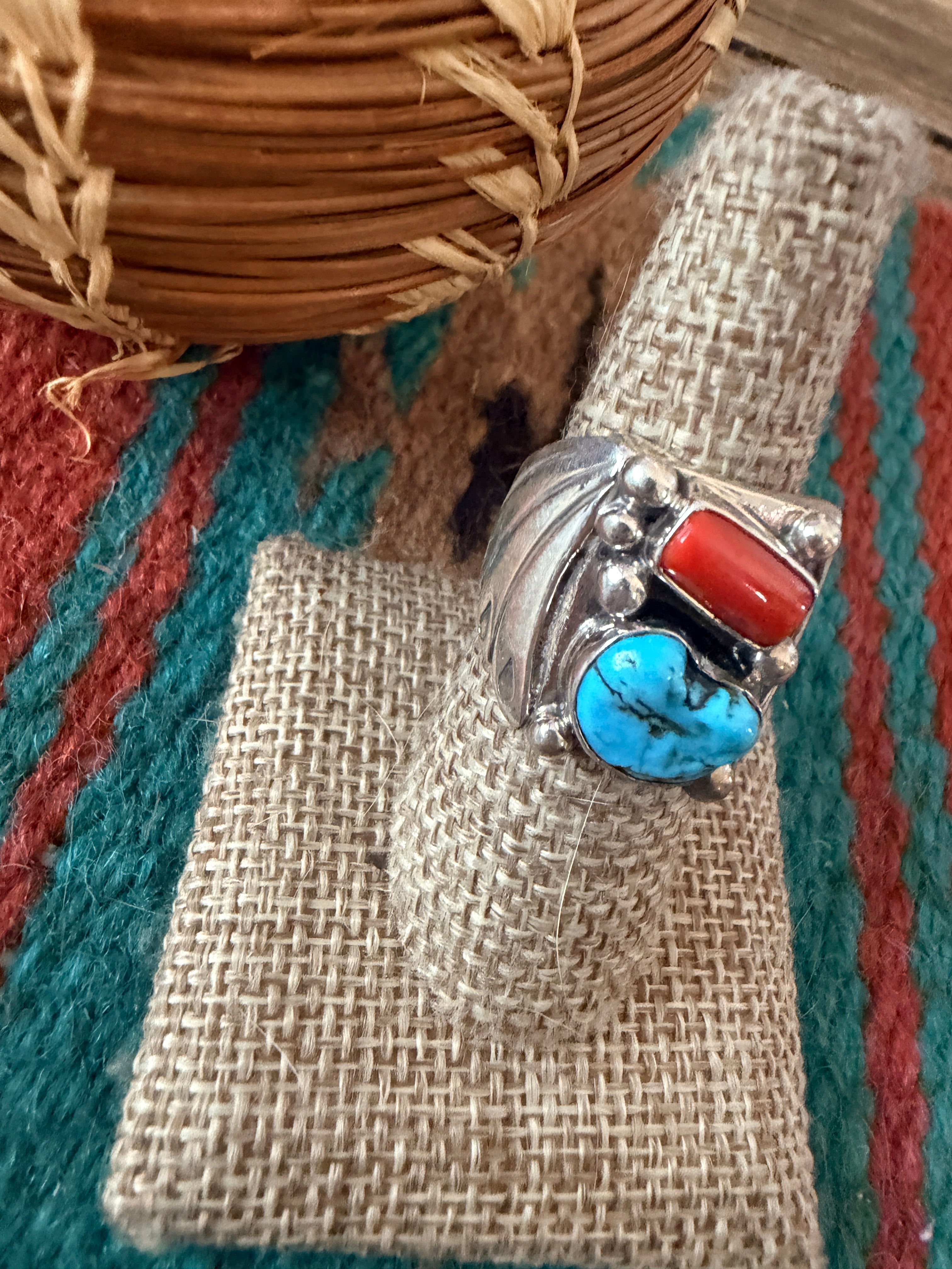 Handcrafted Turquoise, Coral & Sterling Silver Ring