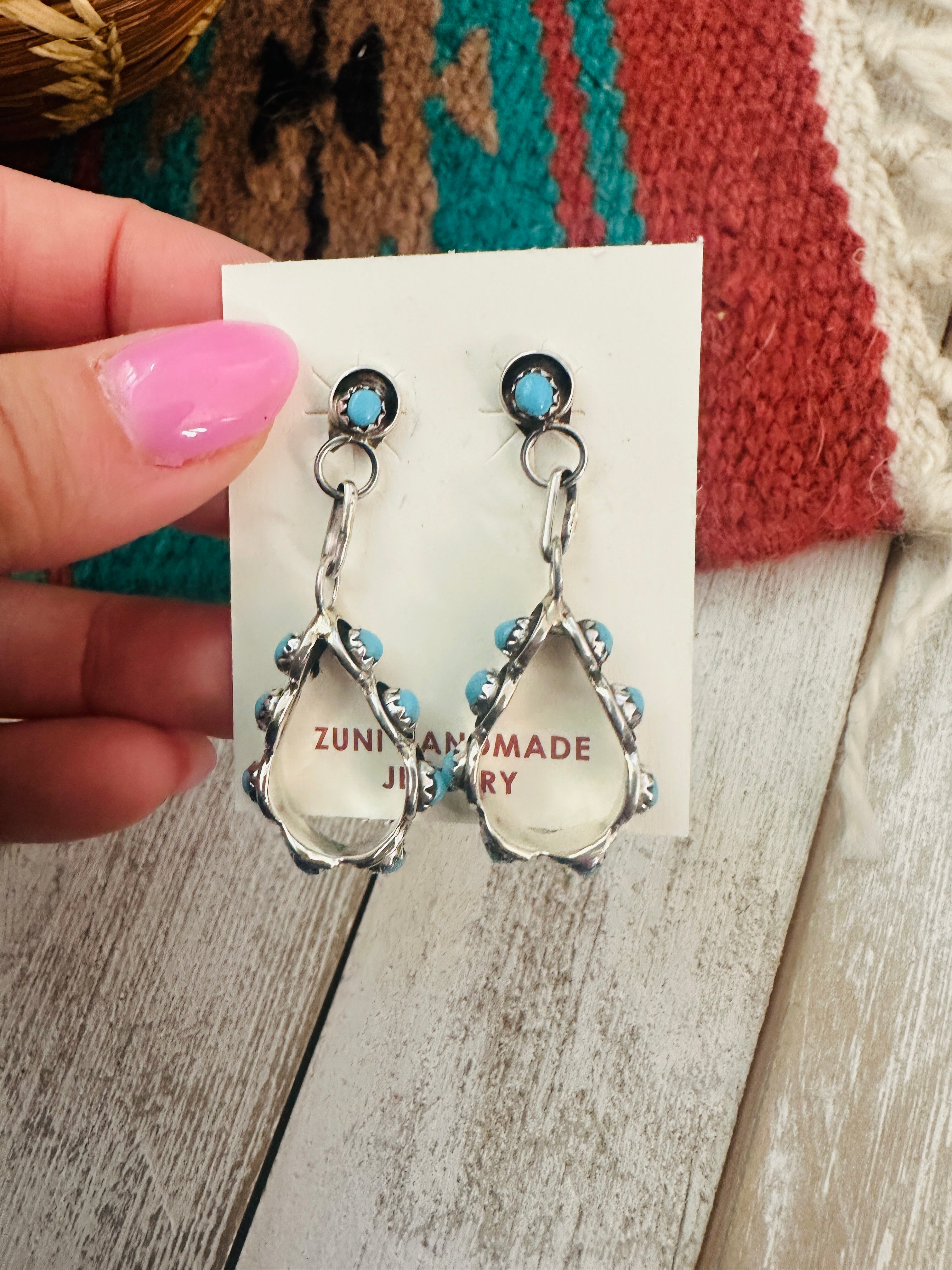 Zuni Turquoise & Sterling Silver Snake Eye Dangle Earrings