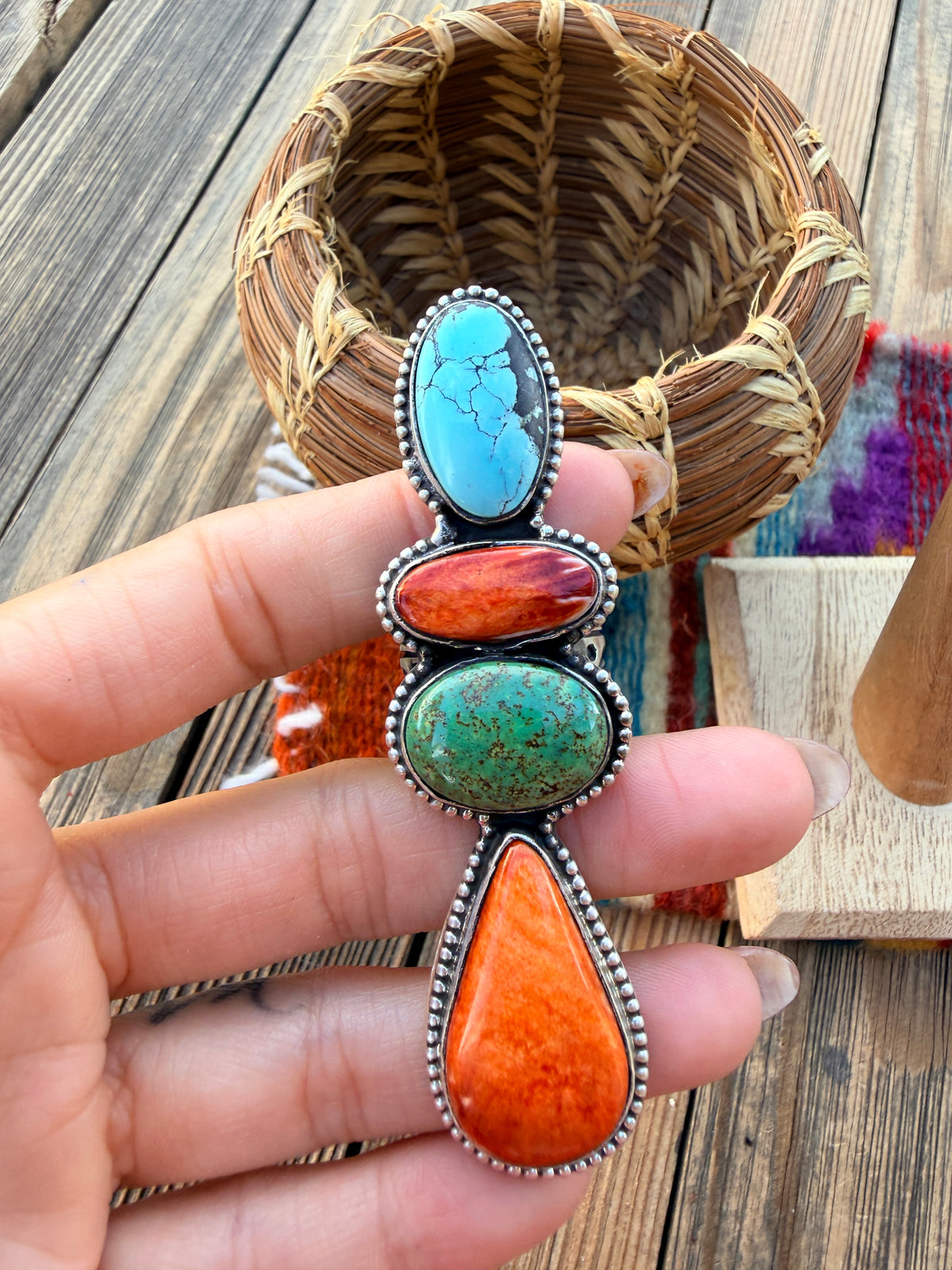 Handcrafted Spiny Oyster, Turquoise & Sterling Silver Adjustable Ring