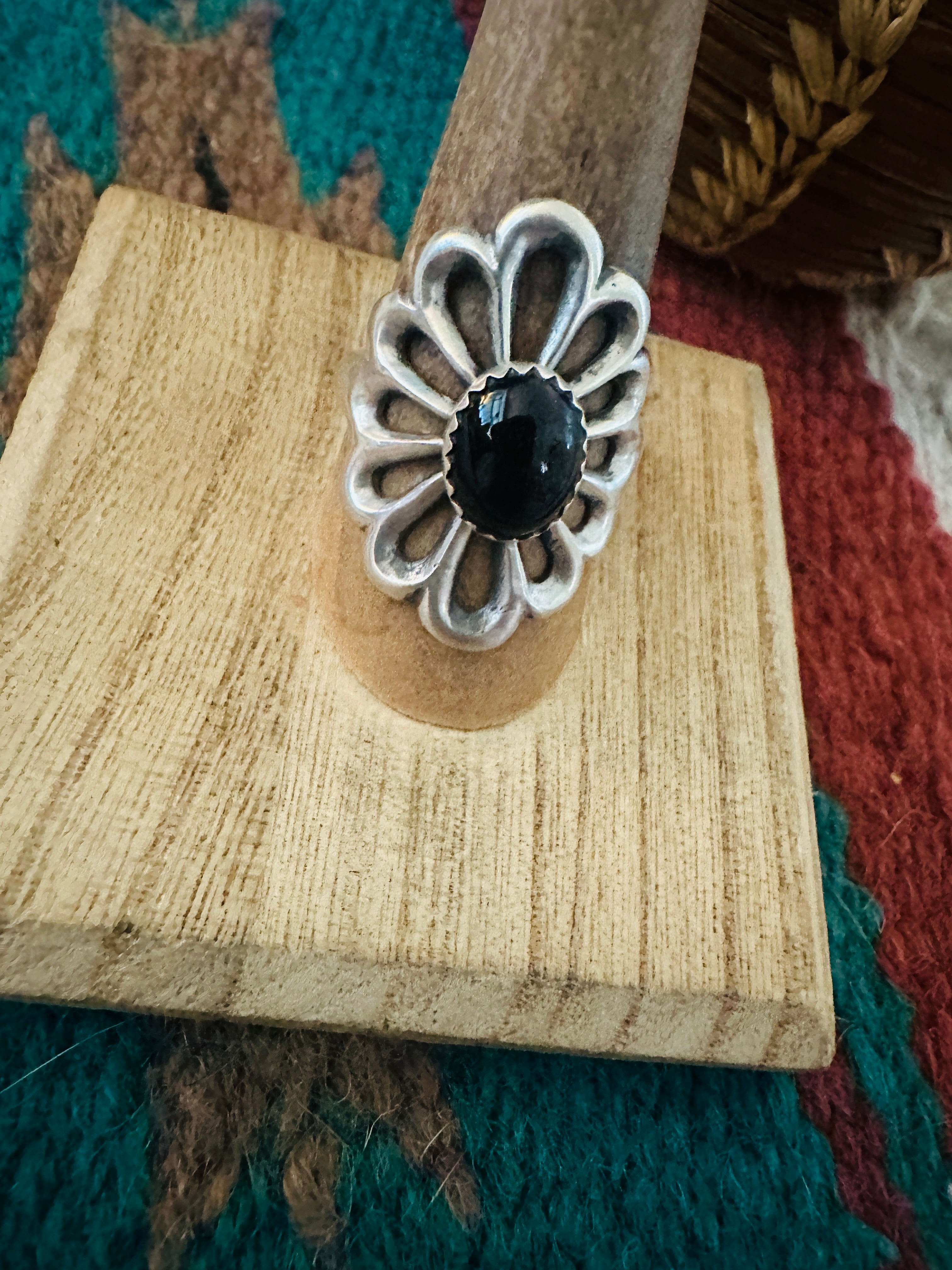 Navajo Sterling Silver & Onyx Flower Ring