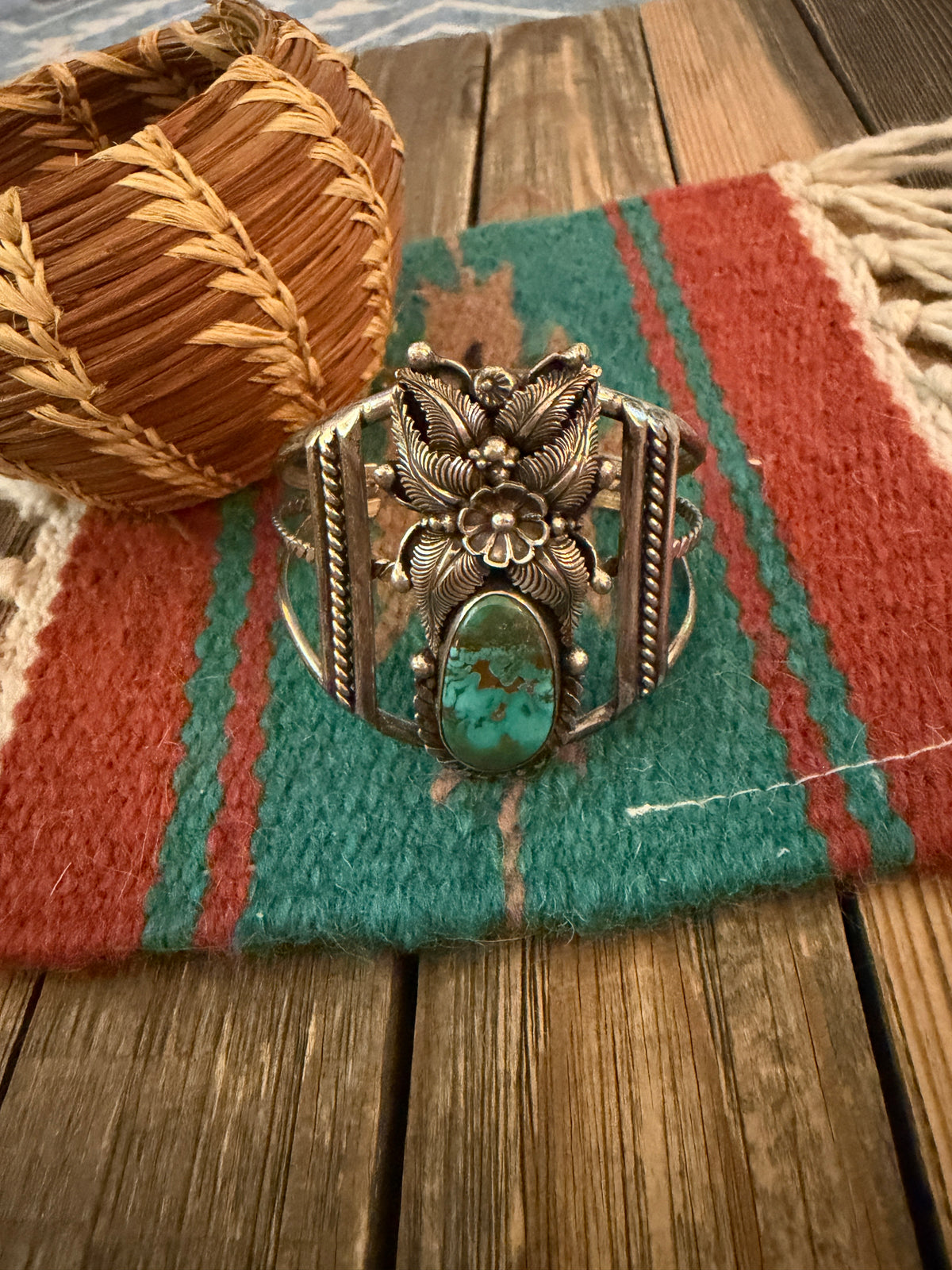 Handcrafted Old Pawn Sterling Silver & Turquoise Flower Cuff Bracelet