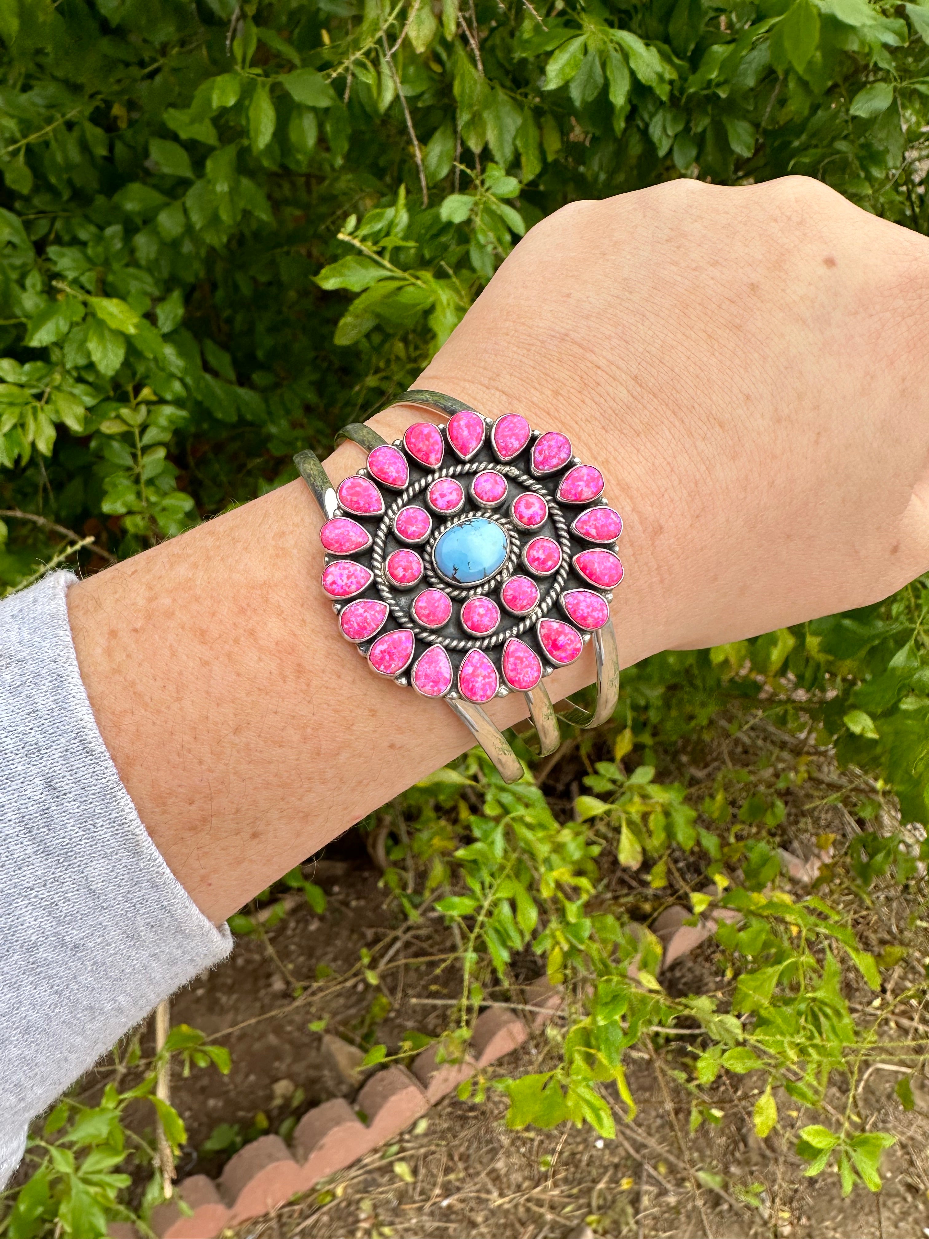 Handmade Sterling Silver, Golden Hills Turquoise & Hot Pink Fire Opal Adjustable Cuff Bracelet