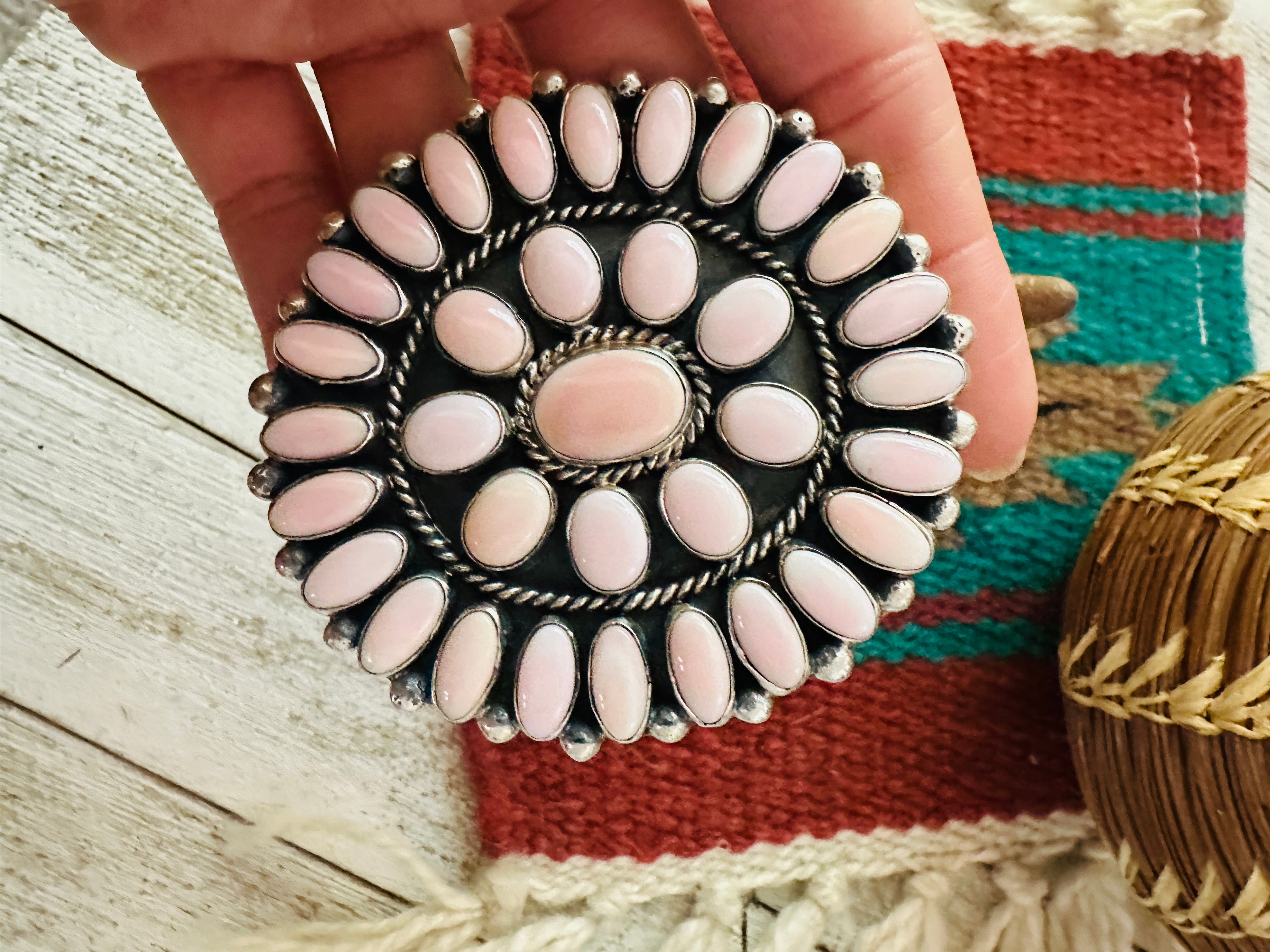 Navajo Sterling Silver & Queen Pink Conch Cluster Adjustable Ring