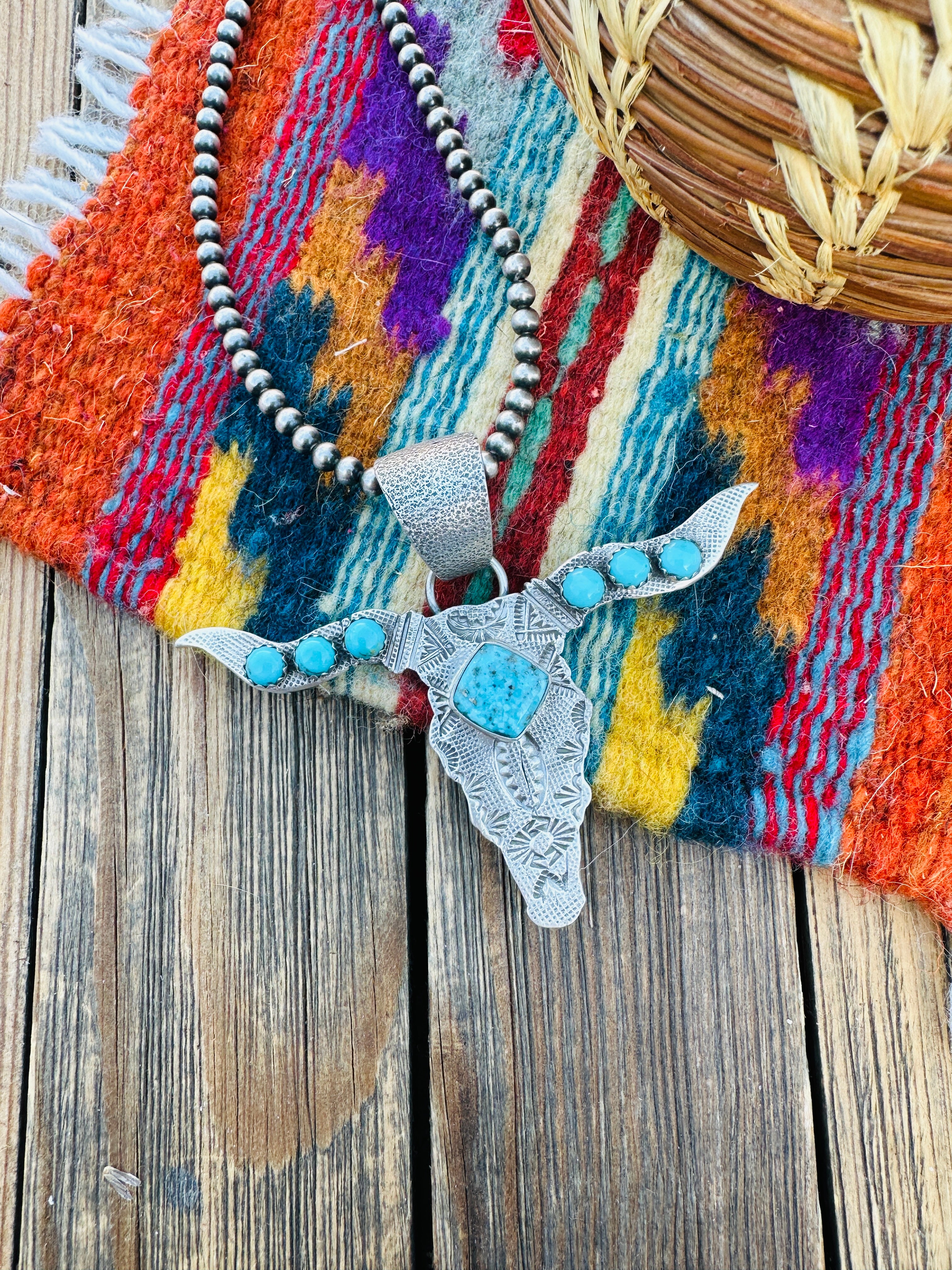Handcrafted Sterling Silver & Turquoise Bullhead Pendant by Leroy James