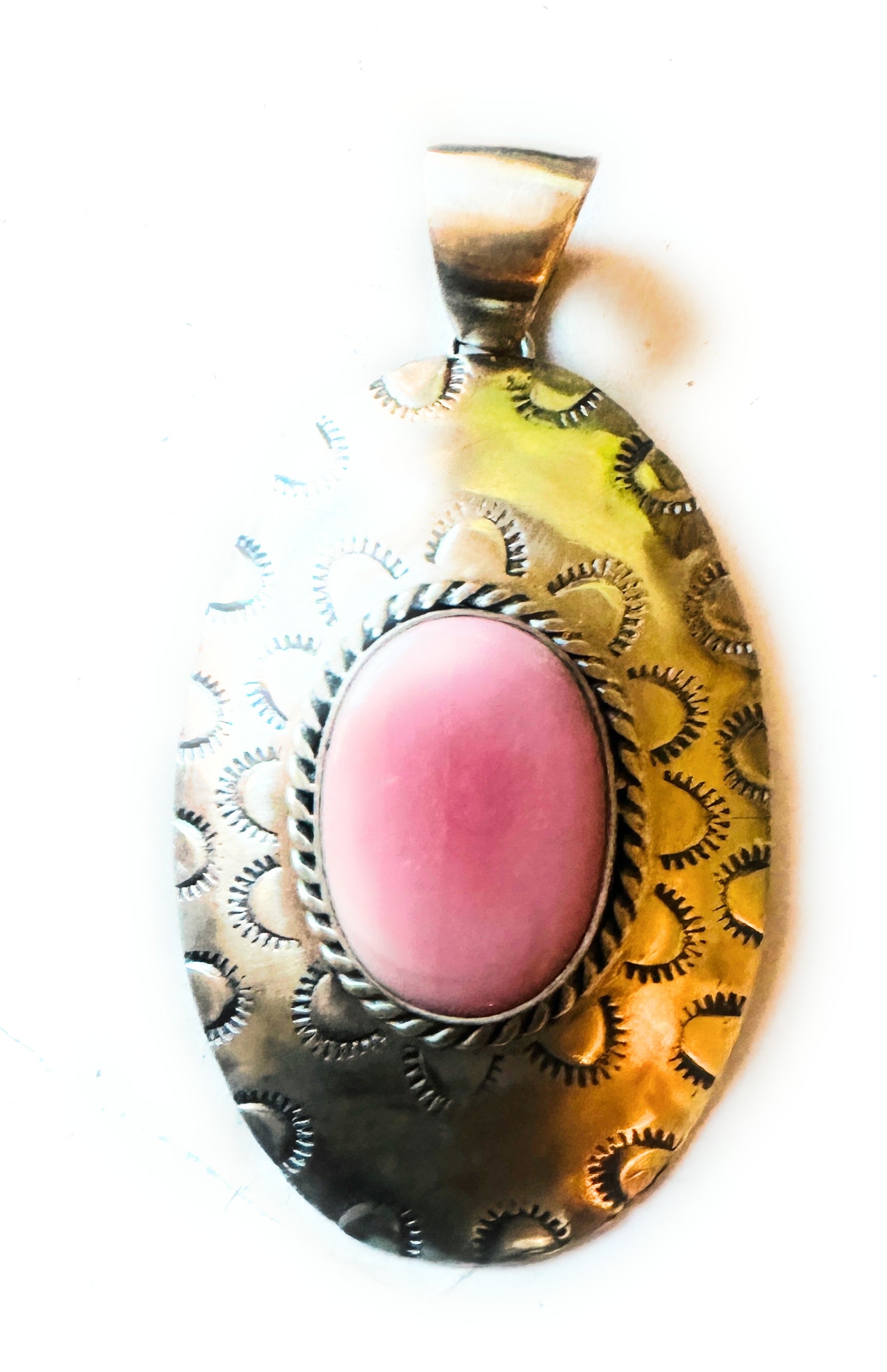 Navajo Queen Pink Conch Shell & Sterling Silver Concho Pendant